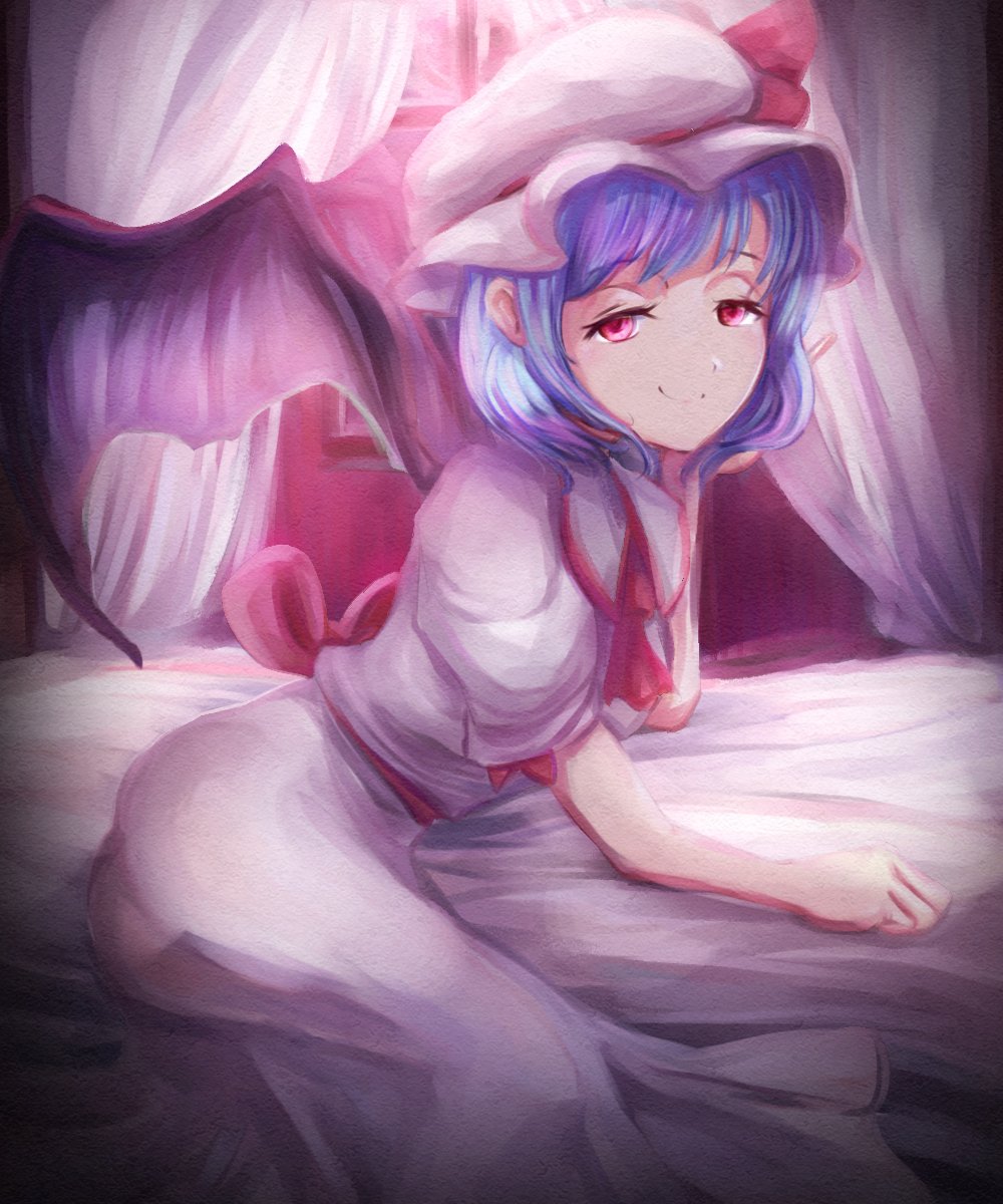 1girl ascot bat_wings bed bed_sheet bedroom blue_hair closed_mouth curtains feet_out_of_frame from_side hat highres indoors looking_at_viewer medium_hair mob_cap no23kappagatari on_bed pink_headwear pink_shirt pink_skirt puffy_short_sleeves puffy_sleeves red_ascot red_eyes remilia_scarlet shirt short_hair short_sleeves skirt smile solo touhou window wings