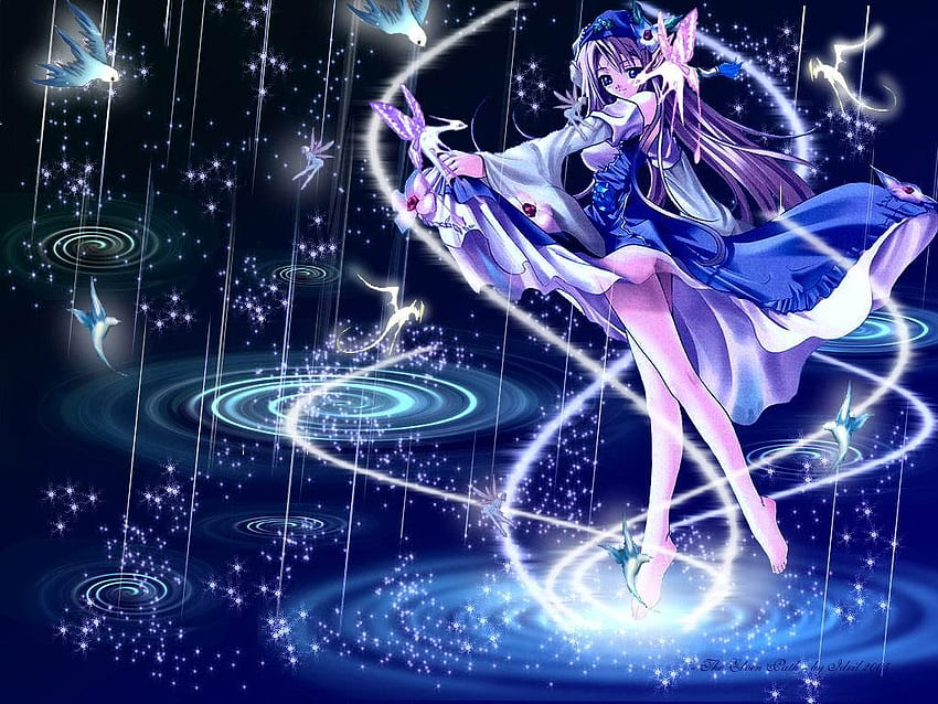 1girl bare_legs barefoot bird blue_theme bug butterfly character_request closed_mouth copyright_request creature detached_sleeves dress fairy fairy_wings hat insect long_hair looking_at_viewer magic non-web_source purple_hair rain ripples sky smile solo source_request space sparkle star_(sky) starry_sky third-party_edit very_long_hair water_drop wings yukirin