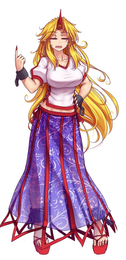 1girl blonde_hair blue_skirt breasts closed_eyes cuffs facing_viewer fingernails full_body hand_on_hip hater_(hatater) horns hoshiguma_yuugi index_finger_raised large_breasts long_fingernails long_hair long_skirt mysteries_of_eastern_creatures nail_polish pointy_ears red_footwear red_horns red_nails russian_commentary see-through see-through_skirt shackles shirt short_sleeves simple_background single_horn skirt smile solo standing toenail_polish touhou white_background white_shirt