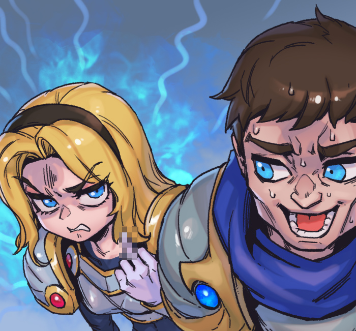 1boy 1girl armor bangs blonde_hair blue_eyes blue_scarf breastplate breasts brother_and_sister brown_hairband censored clenched_teeth garen_(league_of_legends) gem gloves hairband league_of_legends long_hair lower_teeth lux_(league_of_legends) middle_finger mosaic_censoring multicolored_background phantom_ix_row scarf shiny shiny_hair short_hair shoulder_plates siblings small_breasts sweat teeth tongue upper_body white_gloves