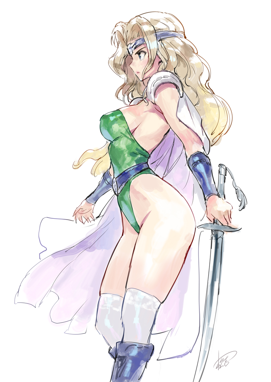 1girl armor blonde_hair blue_eyes boots breasts cape celes_chere duplicate final_fantasy final_fantasy_vi green_leotard highleg highleg_leotard highres holding holding_sword holding_weapon leotard long_hair matsuda_(matsukichi) medium_breasts pixel-perfect_duplicate shoulder_armor sideboob solo sword thighs weapon white_background white_cape