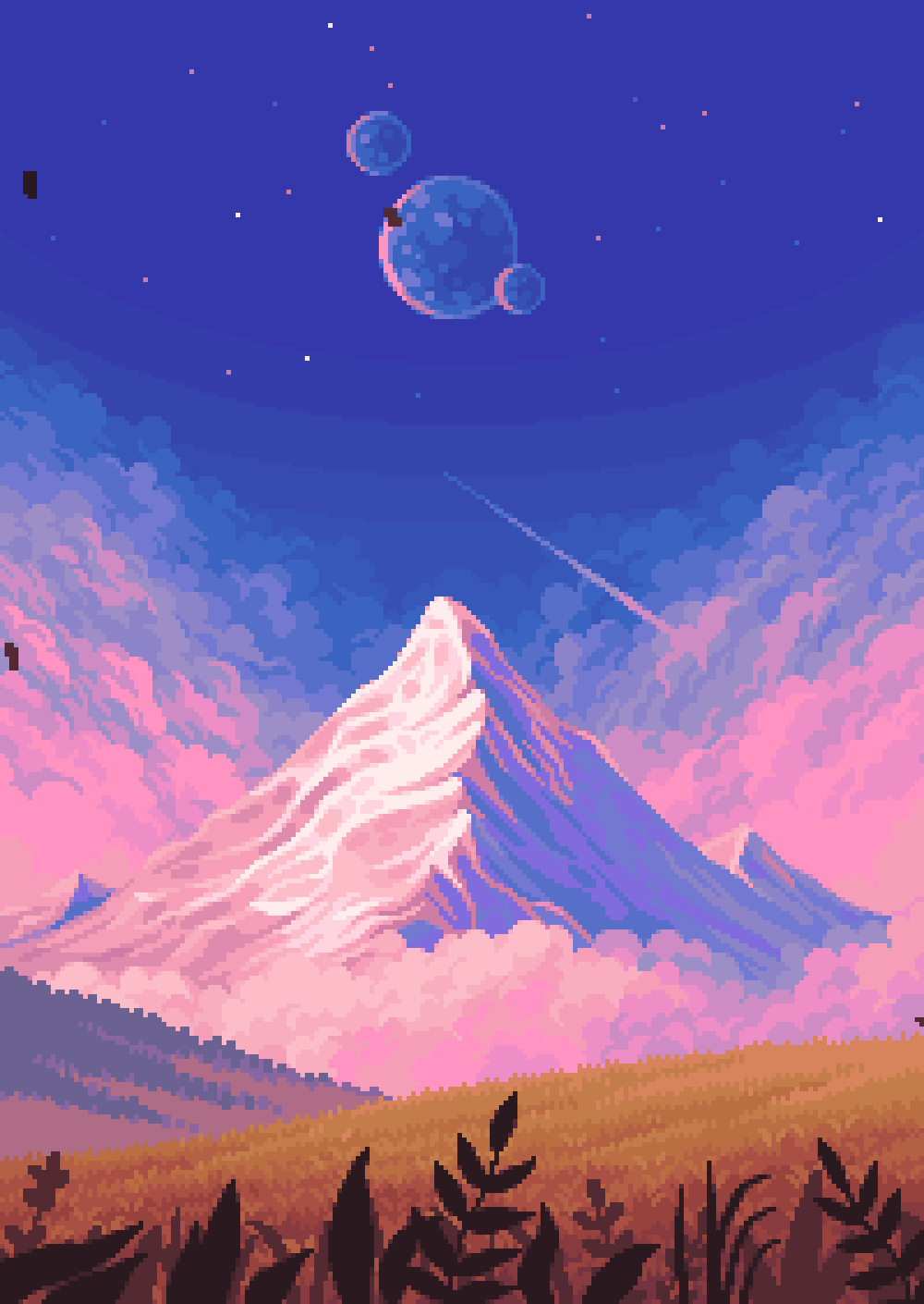 animated animated_gif clouds dusk english_commentary falling_leaves grass grasslands highres landscape leaf moon mountain mountainous_horizon multiple_moons nature no_humans original outdoors pink_clouds pixel_art purple_sky sky star_(sky) starry_sky tofupixel wind