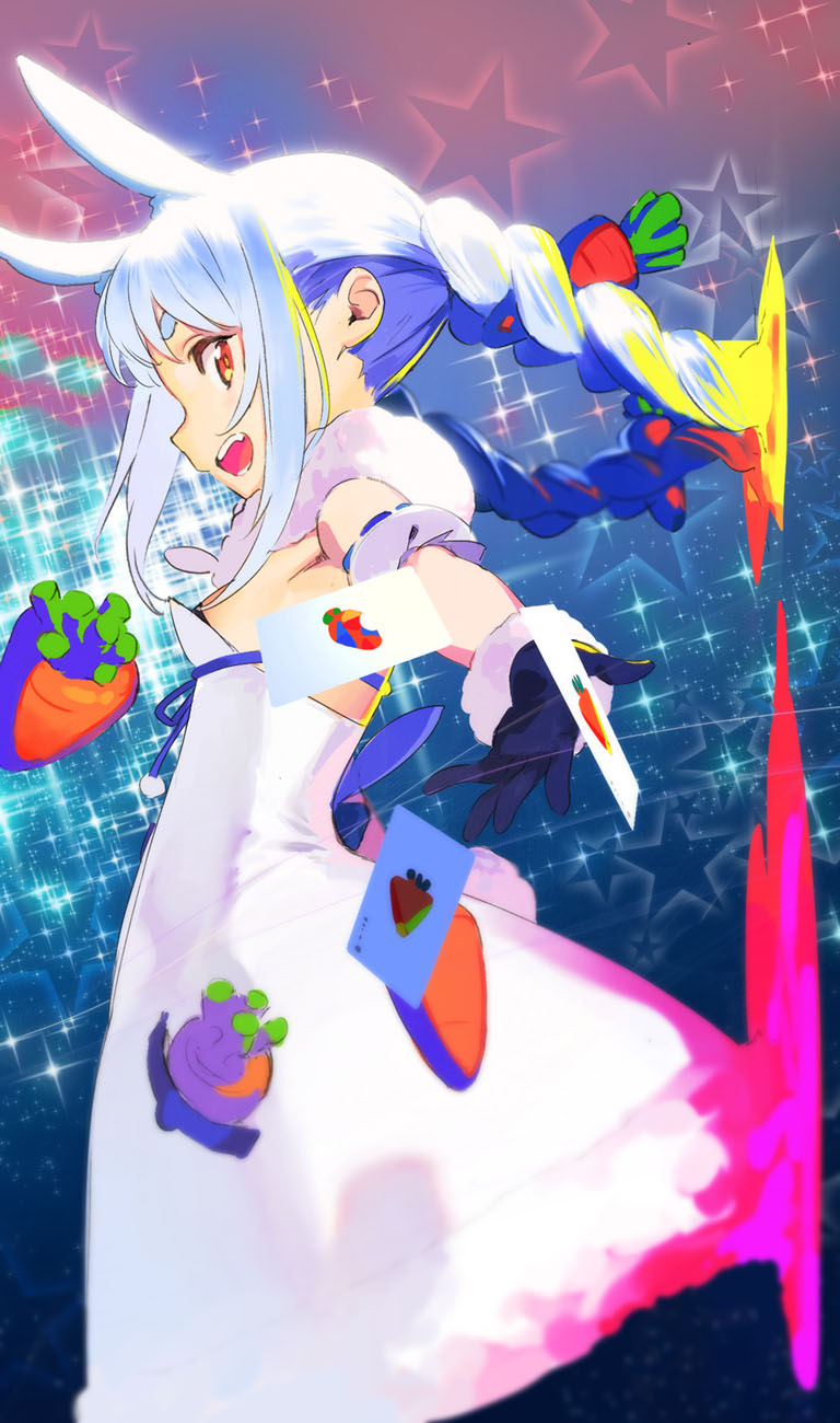 1girl :d animal_ears black_gloves blue_background braid bunny_ears card carrot_hair_ornament dress food-themed_hair_ornament food_themed_hair_ornament fur_trim hair_ornament highres hololive long_hair looking_at_viewer multicolored_hair open_mouth pako_(pakosun) rabbit_ears rabbit_tail smile starry_background tail twin_braids two-tone_hair usada_pekora virtual_youtuber white_dress white_hair yellow_eyes