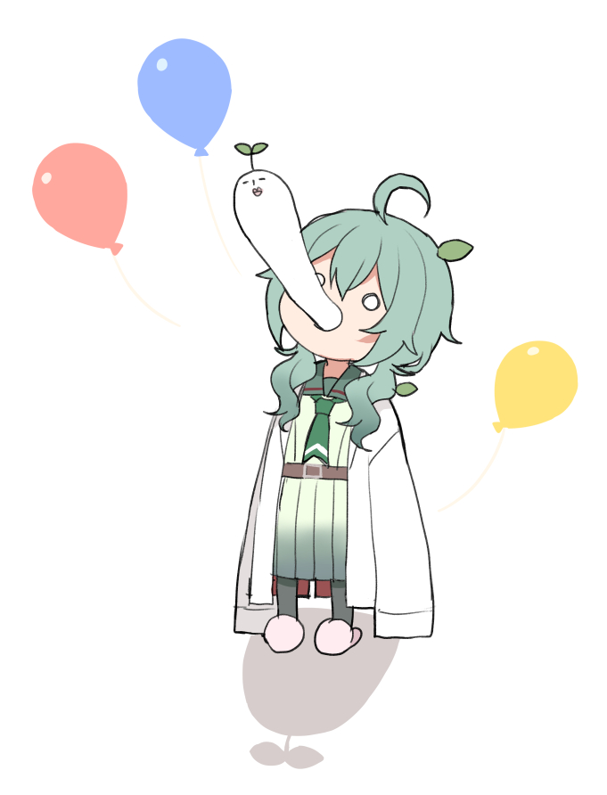 1girl ahoge balloon bangs belt belt_buckle black_pantyhose brown_belt buckle chibi commentary_request full_body giving_up_the_ghost green_hair green_sailor_collar green_serafuku green_shirt green_skirt hair_between_eyes labcoat leaf leaf_on_head long_hair long_sleeves midorikawa_you o_o open_clothes original pantyhose pink_footwear sailor_collar school_uniform serafuku shadow shirt simple_background skirt sleeves_past_fingers sleeves_past_wrists slippers solo standing white_background