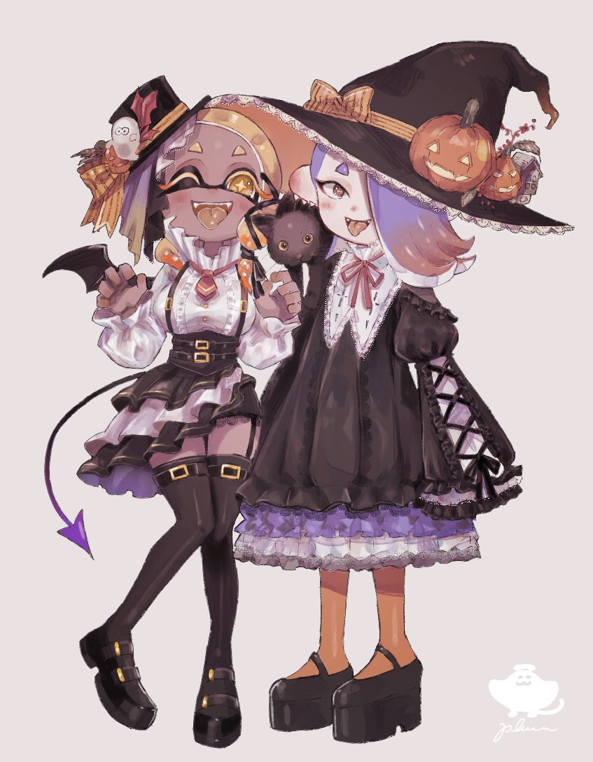 2girls ;d alternate_costume animal animal_on_shoulder bat_wings big_man_(splatoon) black_cat black_footwear black_headwear black_ribbon black_wings blonde_hair blue_hair boots bow breasts buttons cat cat_on_shoulder center_frills cephalopod_eyes colored_eyelashes colored_tongue cross-shaped_pupils dark-skinned_female dark_skin demon_tail dress earrings fangs frills frye_(splatoon) full_body garter_straps gradient gradient_background gradient_hair grey_background hair_over_one_eye halloween hands_up hat hat_bow hat_ornament hat_ribbon horizontal_pupils jack-o'-lantern jewelry juliet_sleeves long_hair long_sleeves medium_breasts mini_hat mini_top_hat mini_wings multicolored_hair multiple_earrings multiple_girls neck_ribbon necktie one_eye_closed open_mouth orange_bow orange_hair orange_pantyhose pantyhose pink_pupils platform_footwear plum0o0 puffy_long_sleeves puffy_sleeves pumpkin red_eyes red_necktie red_ribbon ribbon shirt shiver_(splatoon) shoes short_necktie sleeves_past_fingers sleeves_past_wrists smile splatoon_(series) splatoon_3 standing striped striped_bow striped_ribbon suspenders tail teeth thigh_boots tongue tongue_out top_hat two-tone_hair white_shirt wings witch_hat yellow_eyes yellow_pupils yellow_ribbon yellow_tongue zettai_ryouiki