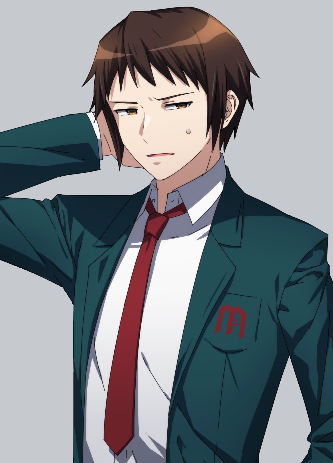 1boy arm_behind_head bangs blazer brown_eyes brown_hair collared_shirt commentary_request gradient gradient_background green_jacket grey_background highres imamiyajet jacket kita_high_school_uniform kyon looking_at_viewer male_focus necktie open_clothes open_jacket red_necktie red_neckwear school_uniform shirt short_hair simple_background solo suzumiya_haruhi_no_yuuutsu sweatdrop white_shirt