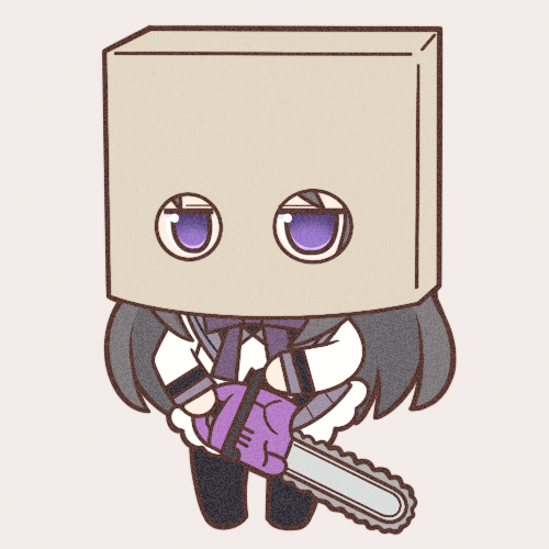 1girl akemi_homura black_hair black_pantyhose chainsaw chibi full_body gradient gradient_background holding holding_chainsaw long_hair long_sleeves looking_at_viewer lowres mahou_shoujo_madoka_magica pantyhose purple_eyes solo violet_eyes yuno385