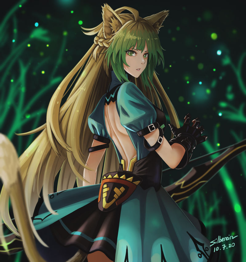 1girl ahoge animal_ears arch atalanta_(fate) back bangs bare_back black_gloves blonde_hair bow_(weapon) braid cat_ears cat_girl cat_tail eyebrows_hidden_by_hair fate/apocrypha fate/grand_order fate_(series) french_braid gloves green_eyes green_hair hair_between_eyes holding holding_bow_(weapon) holding_weapon long_hair looking_at_viewer looking_back multicolored_hair open_mouth puffy_sleeves silberein skirt solo tail weapon