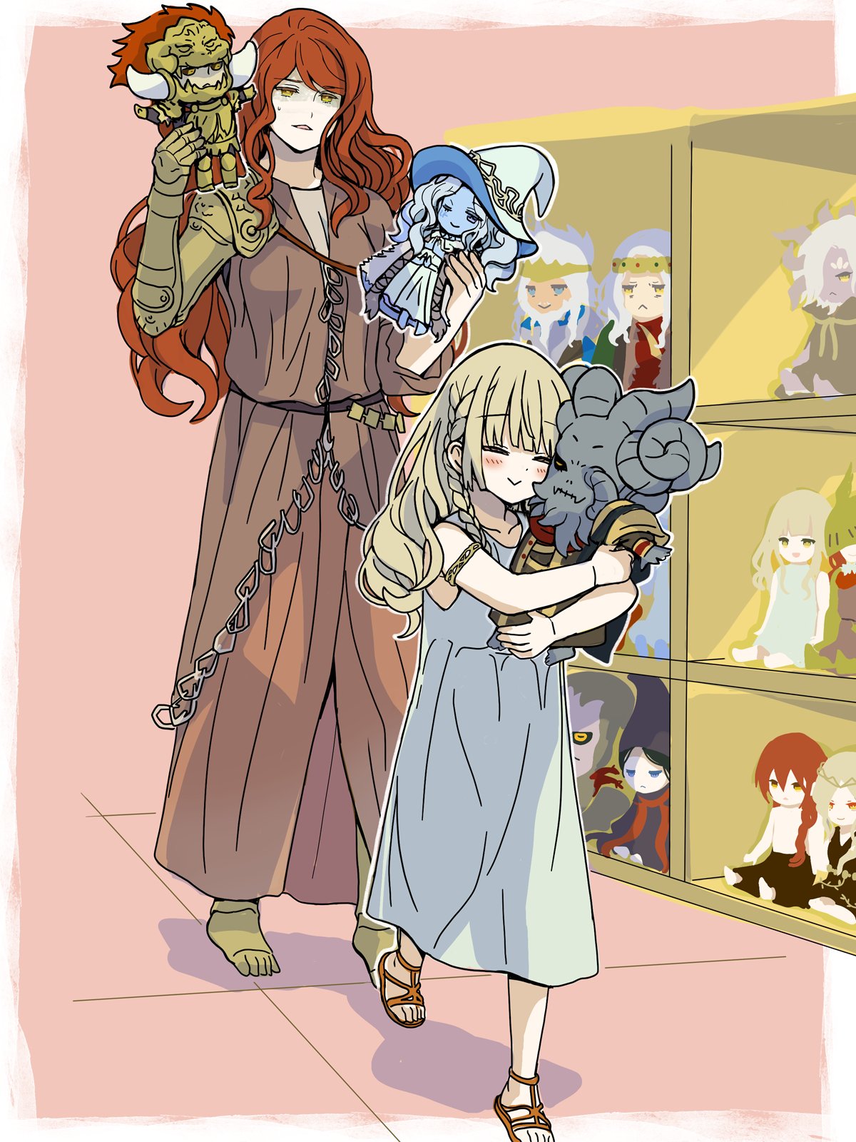 1boy 1girl armlet bangs bare_shoulders blonde_hair blunt_bangs blush braid brother_and_sister brown_dress character_doll closed_eyes dress elden_ring godfrey_first_elden_lord highres holding holding_stuffed_toy holding_toy indoors long_hair malenia_blade_of_miquella margit_the_fell_omen mechanical_arms mechanical_legs miquella_(elden_ring) mohg_lord_of_blood multiple_girls object_hug oi_kamenoko prosthesis prosthetic_arm prosthetic_leg queen_marika_the_eternal radagon_of_the_golden_order ranni_the_witch redhead rennala_queen_of_the_full_moon rykard_lord_of_blasphemy sandals siblings side_braid single_mechanical_arm sleeveless starscourge_radahn stuffed_toy sweatdrop swept_bangs toy tunic twins very_long_hair wavy_hair yellow_eyes