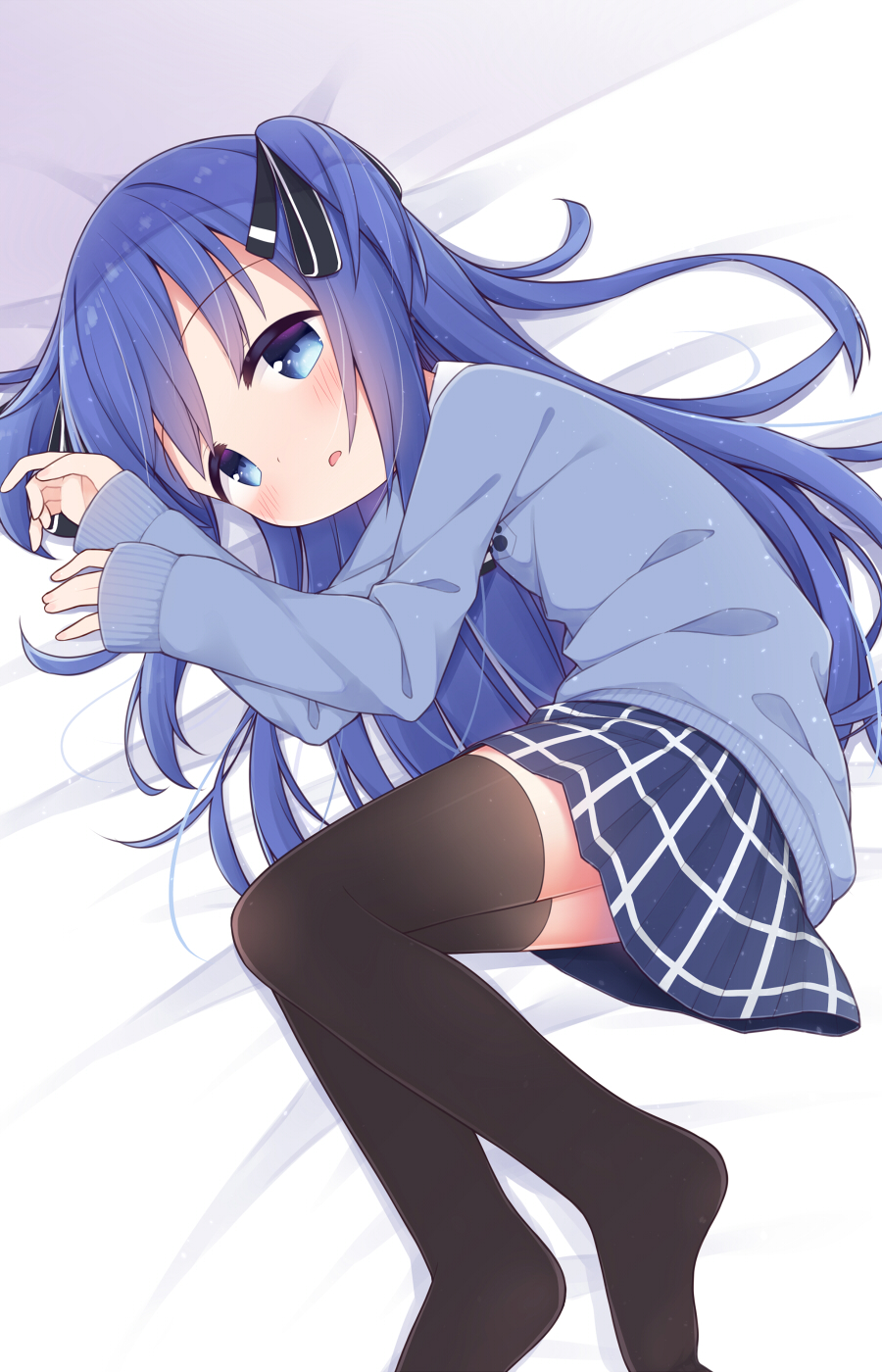 1girl arm_up ayanepuna bangs bed_sheet black_thighhighs blue_eyes blue_hair blue_skirt blue_sweater blush commentary_request copyright_request eyebrows_visible_through_hair hair_ornament hand_up highres kafuu_chino long_hair long_sleeves looking_away lying no_shoes on_side parted_lips plaid plaid_skirt pleated_skirt skirt sleeves_past_wrists solo sweater thigh-highs thighhighs two_side_up very_long_hair