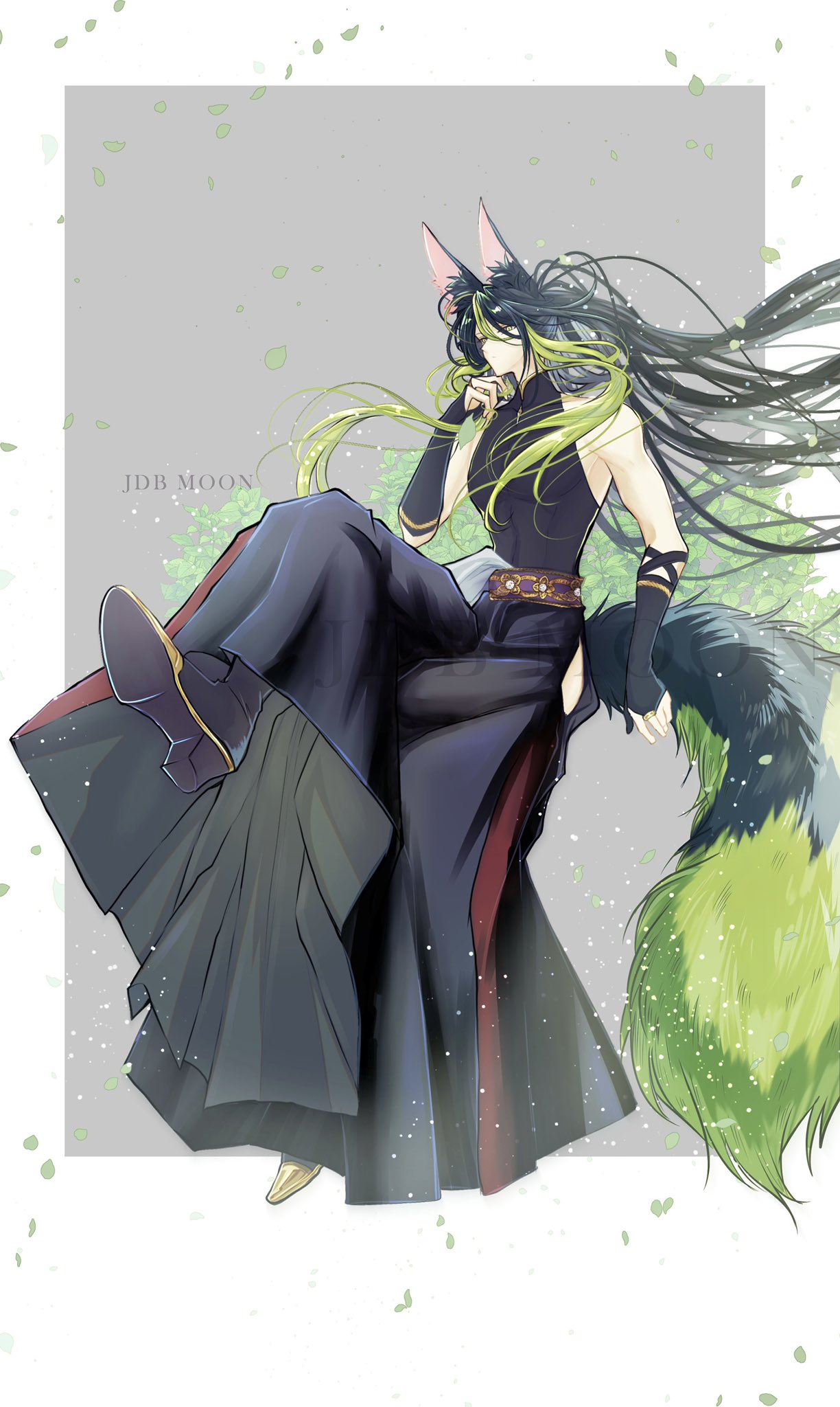 1boy aged_up alternate_costume animal_ear_fluff animal_ears black_hair fox_boy fox_ears fox_tail genshin_impact gradient_hair green_hair green_tail hair_between_eyes highres hoshiguma_(arknights) jdb_moon long_hair male_focus multicolored_hair solo streaked_hair tail tighnari_(genshin_impact)