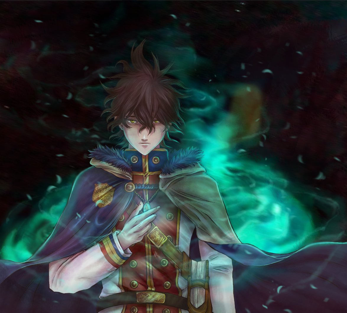 1boy bag black_background black_clover black_hair bookbag brown_hair cape capelet jewelry looking_at_viewer male_focus messy_hair pendant solo sosevoltam uniform wind yellow_capelet yellow_eyes yuno_(black_clover)