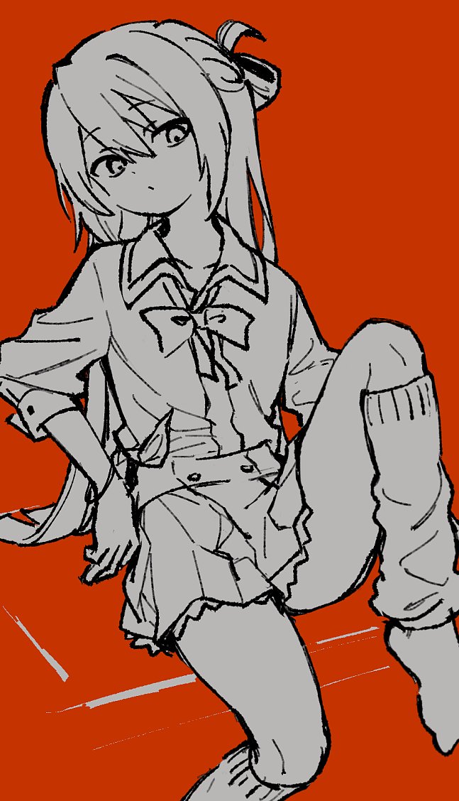1girl alina_gray bangs blunt_ends bow bowtie boyano breasts buttons closed_mouth hair_between_eyes layered_sleeves long_hair long_sleeves loose_bowtie loose_socks magia_record:_mahou_shoujo_madoka_magica_gaiden mahou_shoujo_madoka_magica miniskirt monochrome plaid plaid_skirt red_background sakae_general_school_uniform school_uniform shirt short_over_long_sleeves short_sleeves side-tie_shirt sidelocks simple_background sitting skirt sleeve_cuffs sleeves_rolled_up small_breasts socks solo straight_hair very_long_hair wing_collar