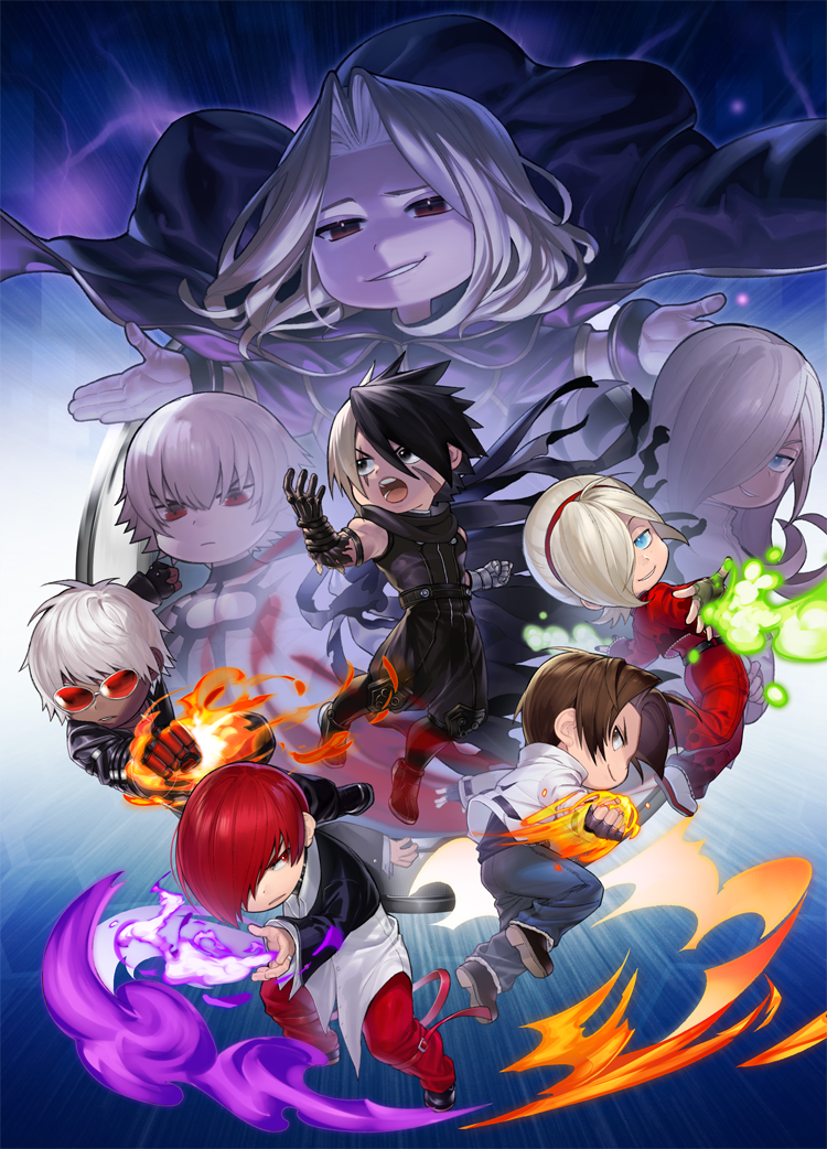 ash_crimson black_hair blue_eyes brown_hair chibi cloak fire full_body gloves k'_(kof) kusanagi_kyou metal_gloves multicolored_hair multiple_boys muscular muscular_male nameless_(kof) open_mouth pyrokinesis redhead saiki_(kof) scar scar_across_eye scar_on_face sleeveless smile sunglasses the_king_of_fighters the_king_of_fighters_'97 the_king_of_fighters_2001 the_king_of_fighters_2002 the_king_of_fighters_xiii two-tone_hair white_hair yagami_iori yaka_(kk1177)