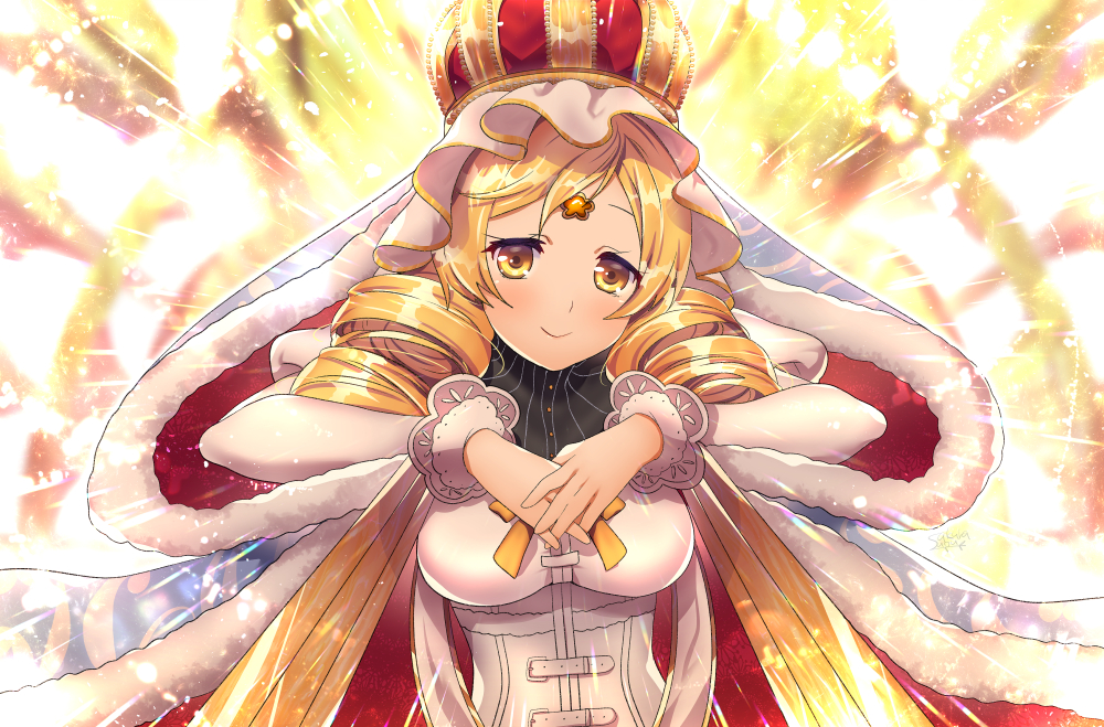 1girl arrow_(projectile) backlighting bangs blonde_hair blurry blurry_background bokeh breasts buttons cape corset crown depth_of_field diffraction_spikes doily drill_hair eyelashes framed_breasts fur fur-trimmed_cape fur_trim gold_trim hands_up high_collar holy_mami huge_breasts interlocked_fingers juliet_sleeves light_particles long_hair long_sleeves looking_at_viewer magia_record:_mahou_shoujo_madoka_magica_gaiden magic_circle mahou_shoujo_madoka_magica own_hands_together parted_bangs puffy_sleeves ribbon shiny shiny_hair smile solo soul_gem striped suou_sakura swept_bangs tomoe_mami twin_drills upper_body vertical_stripes yellow_eyes yellow_ribbon