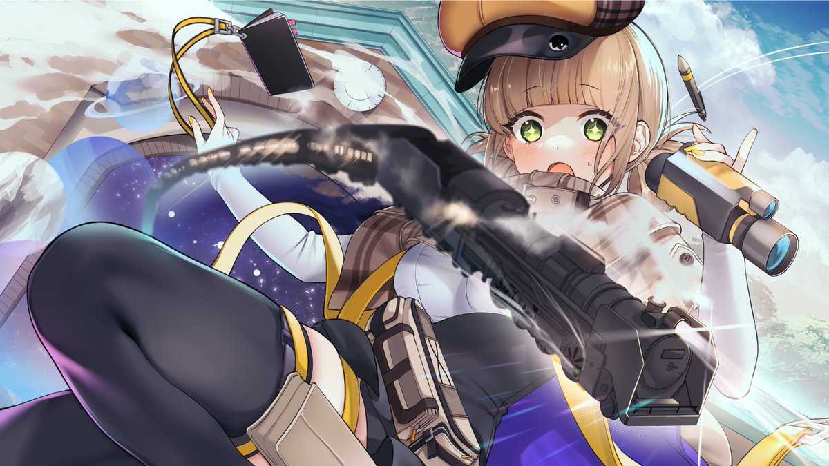 1girl binoculars blonde_hair breasts flat_chest goddess_of_victory:_nikke green_eyes gun hair_rings hat holding looking_at_viewer novel_(nikke) official_art sino42 small_breasts solo sweat twintails weapon