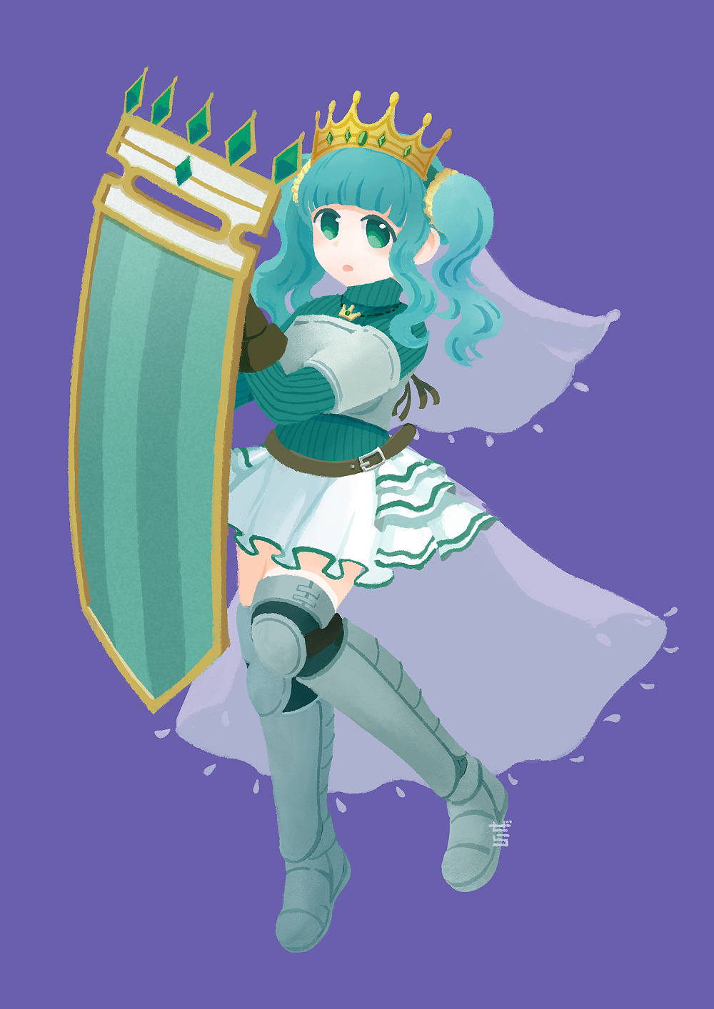 1girl aqua_hair aqua_sweater armor armored_boots bad_id bad_tumblr_id bangs belt blunt_bangs boots breastplate brown_belt brown_gloves crown fold-over_gloves frilled_skirt frills full_body futaba_sana gem gera-magia gloves green_eyes green_gemstone highres holding holding_shield jewelry knee_pads knees_together_feet_apart long_sleeves looking_at_viewer magia_record:_mahou_shoujo_madoka_magica_gaiden magical_girl mahou_shoujo_madoka_magica medium_hair miniskirt necklace parted_lips purple_background ribbed_sweater shield sidelocks simple_background skirt solo sweater thigh_boots thighhighs turtleneck turtleneck_sweater twintails veil wavy_hair white_skirt zettai_ryouiki