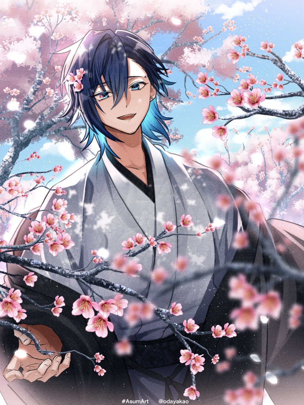 1boy :d asa_no_ha_(pattern) black_jacket black_sash blue_eyes blue_hair blurry cherry_blossoms dappled_sunlight dark_blue_hair day depth_of_field earrings flower grey_kimono hair_between_eyes hair_flower hair_ornament haori highres jacket japanese_clothes jewelry kimono light_particles looking_at_viewer male_focus multicolored_hair nijisanji nijisanji_en odayakao off_shoulder outstretched_hand pink_flower sash short_hair smile solo stud_earrings sunlight teeth tree two-tone_hair upper_body upper_teeth virtual_youtuber yugo_asuma