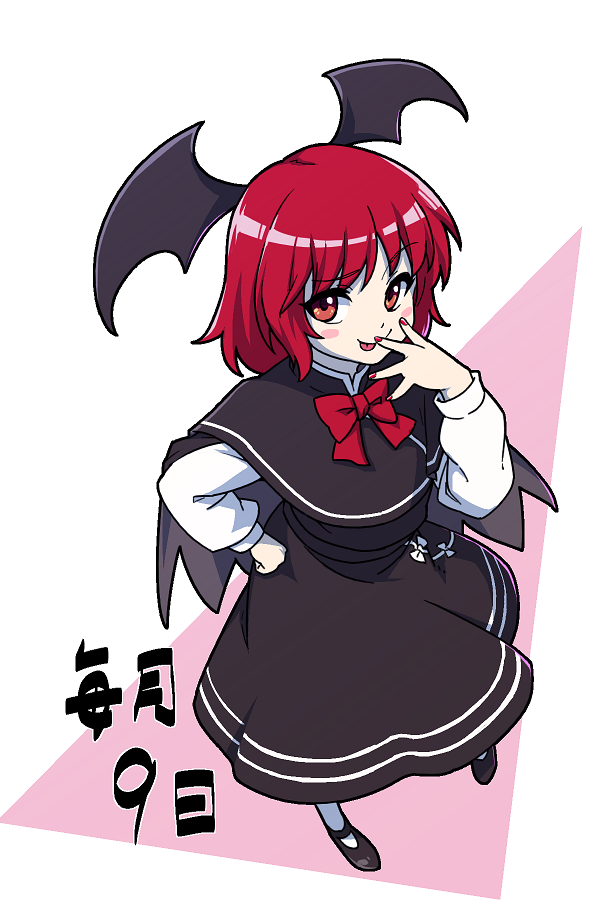 1girl :p bat_wings blush_stickers bow from_above hand_on_hip hand_up head_wings itani_illust koakuma nail_polish red_eyes red_hair red_nails redhead shoes solo tongue tongue_out touhou wings