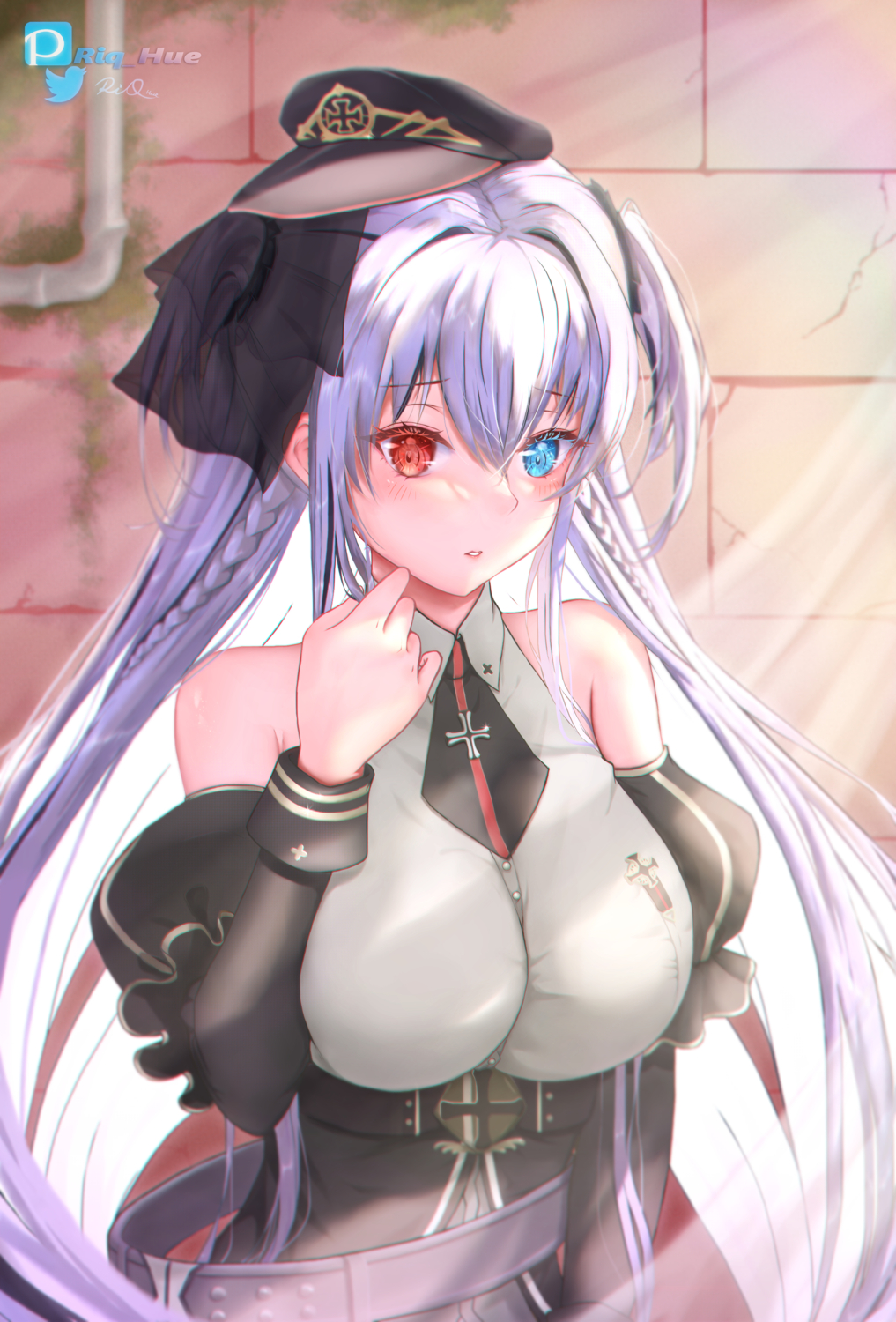 1girl azur_lane belt black_skirt black_sleeves braid breasts brick_wall cross detached_sleeves elbing_(azur_lane) hat heterochromia highres iron_blood_(emblem) iron_cross large_breasts long_hair looking_at_viewer red_eyes riq_semak skirt solo upper_body white_hair