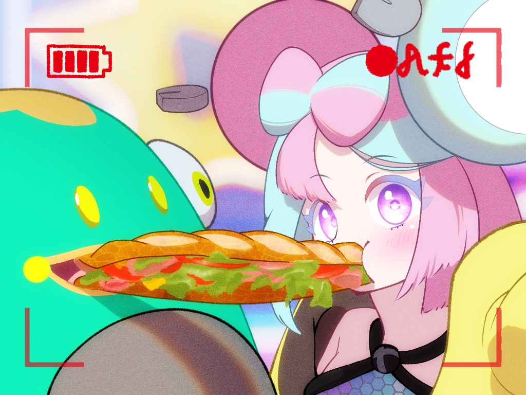 1girl aqua_hair bangs bare_shoulders bellibolt bow-shaped_hair character_hair_ornament food_in_mouth hair_ornament hexagon_print iono_(pokemon) jacket light_blush looking_at_viewer magnemite multicolored_hair oversized_clothes pink_hair pokemon pokemon_(creature) pokemon_(game) pokemon_sv recording sandwiched shirt sleeveless sleeveless_shirt split-color_hair submarine_sandwich two-tone_hair violet_eyes x yellow_jacket yuui_art