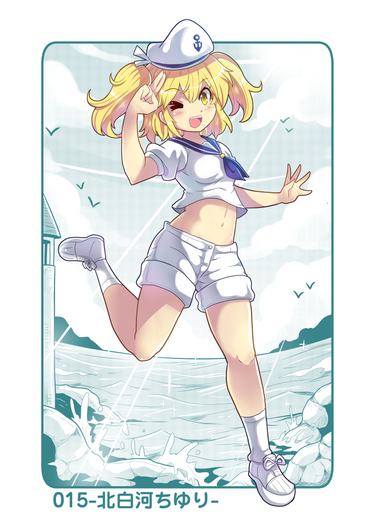 1girl bird blonde_hair clouds colonel_aki commentary_request crop_top hat kitashirakawa_chiyuri lighthouse looking_at_viewer midriff navel neckerchief one_eye_closed open_mouth sailor_collar sailor_hat sailor_shirt saluting shirt shoes short_sleeves shorts smile sneakers socks solo standing standing_on_liquid touhou translation_request twintails white_shirt white_shorts yellow_eyes