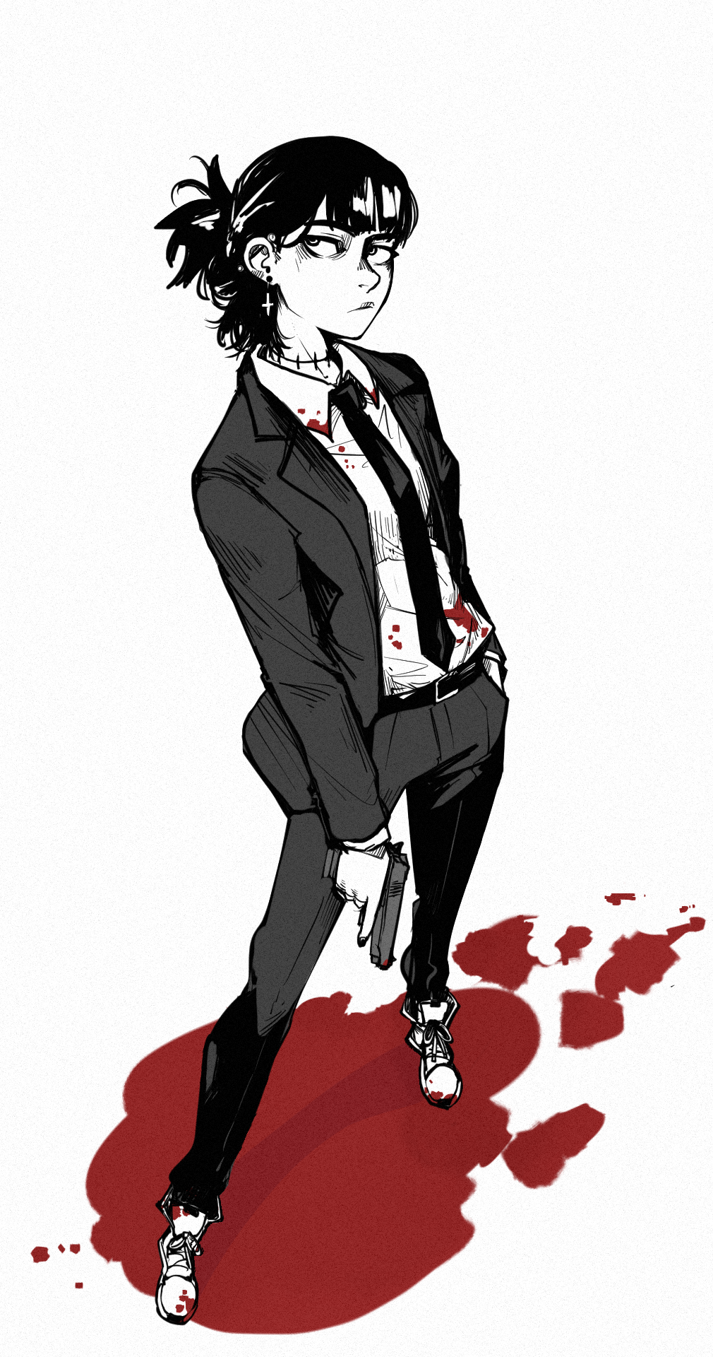 1girl bad_proportions belt black_hair blood blood_on_clothes chainsaw_man cross cross_earrings earrings formal full_body gun hand_in_pocket highres holding holding_gun holding_weapon jewelry long_sleeves monochrome necktie polka_dot polka_dot_background puddle_of_blood simple_background solo standing suit tomonaku weapon white_background