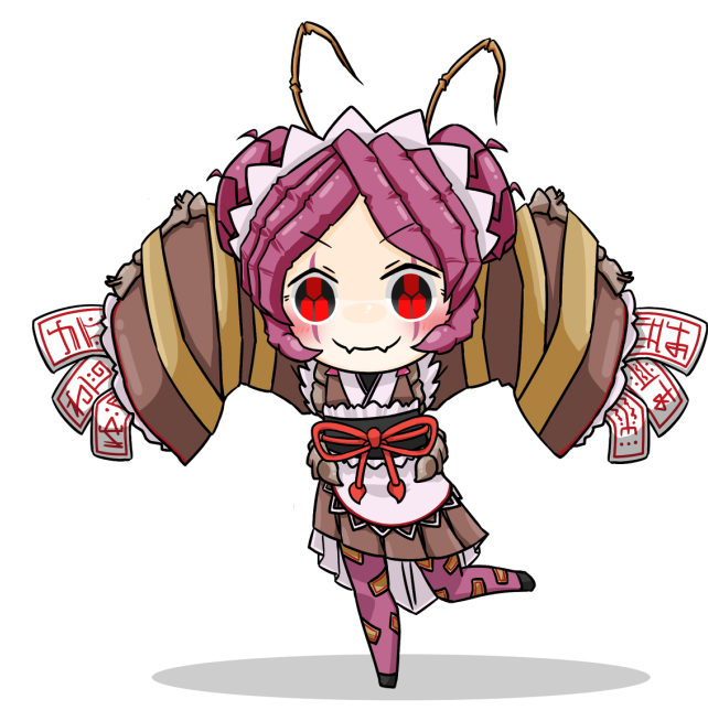 1girl antennae apron arthropod_girl black_footwear blush brown_kimono chibi commentary double_bun entoma_vasilissa_zeta extra_pupils fangs full_body gradient gradient_background hair_bun japanese_clothes kimono looking_at_viewer maid maid_headdress monster_girl ofuda overlord_(maruyama) pantyhose purple_hair purple_pantyhose red_eyes ribbon short_hair simple_background skin_fangs sleeves_past_wrists smile solo standing standing_on_one_leg user_jnuy8853 waist_apron white_background