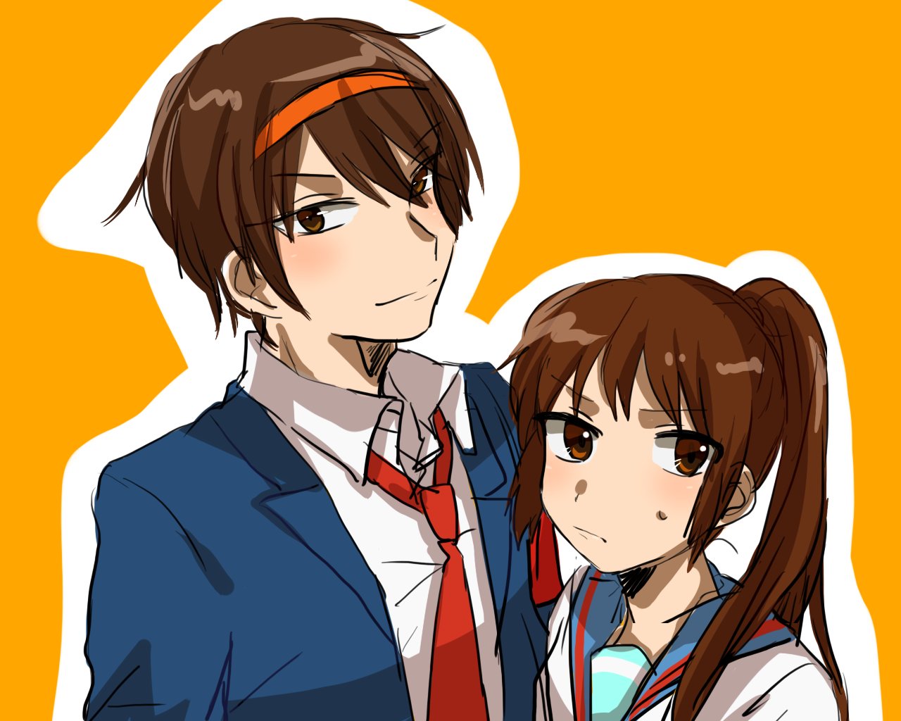 1boy 1girl bangs blazer blue_jacket blue_sailor_collar brown_eyes brown_hair closed_mouth collared_shirt genderswap genderswap_(ftm) genderswap_(mtf) hairband hiko_(pikatyuu_red) jacket kita_high_school_uniform kyon kyonko long_hair looking_at_viewer necktie open_clothes open_jacket orange_hairband ponytail red_necktie sailor_collar school_uniform serafuku shirt short_hair simple_background sketch smile suzumiya_haruhi suzumiya_haruhi_no_yuuutsu suzumiya_haruhiko upper_body white_shirt yellow_background