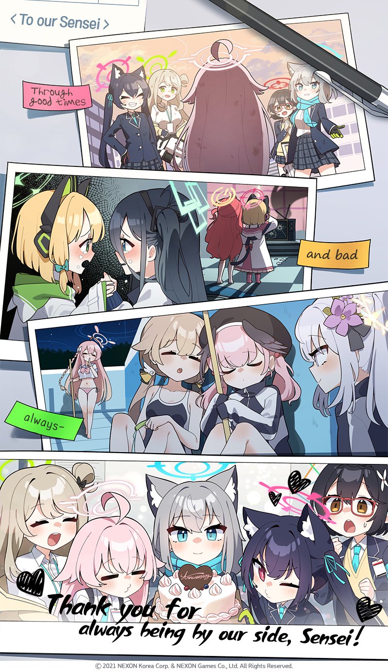 6+girls ahoge animal_ears aris_(blue_archive) ayane_(blue_archive) azusa_(blue_archive) blue_archive blush broom cake cat_ear_headphones cat_ears closed_eyes comic crying crying_with_eyes_open english_text feather_hair flower food gatling_gun gloves gun hair_flower hair_ornament halo hanako_(blue_archive) headphones hifumi_(blue_archive) highres holding holding_broom holding_gun holding_hose holding_weapon hose hoshino_(blue_archive) koharu_(blue_archive) midori_(blue_archive) minigun momoi_(blue_archive) multiple_girls nonomi_(blue_archive) official_alternate_costume official_art scarf school_swimsuit school_uniform serika_(blue_archive) shiroko_(blue_archive) sleeping smile swimsuit tears weapon wolf_ears yuzu_(blue_archive)