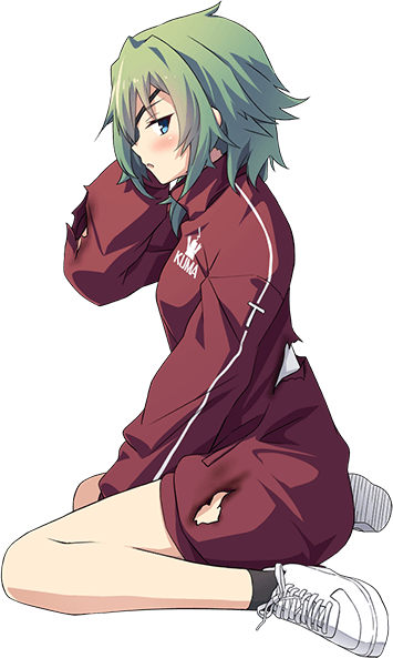 1girl black_socks blue_eyes blush eyepatch full_body green_eyes green_hair hair_between_eyes jacket kantai_collection kiso_(kancolle) long_sleeves official_art open_mouth red_jacket shoes short_hair sneakers socks solo torn_clothes torn_jacket transparent_background ugume white_footwear