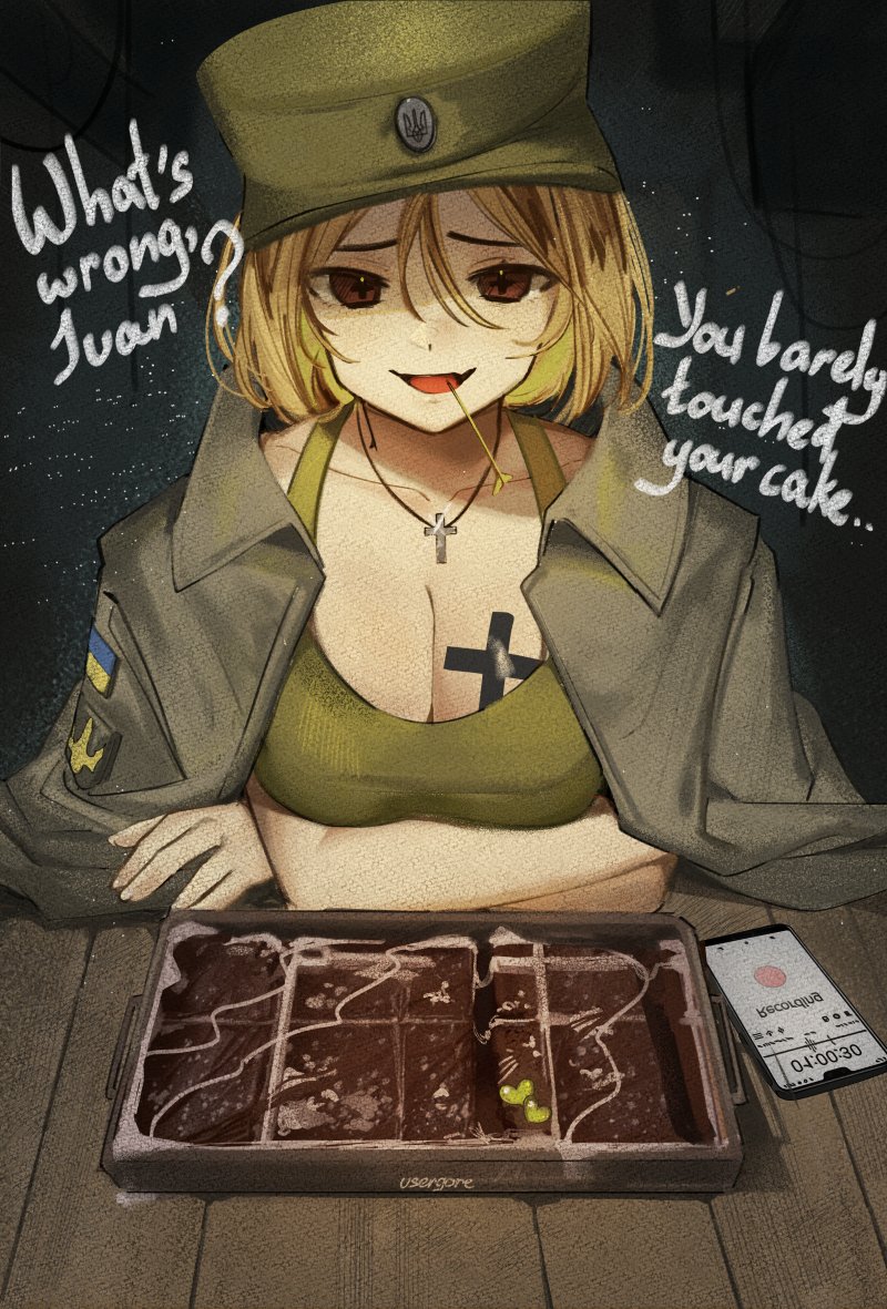 1girl artist_name blonde_hair borrowed_character breasts cake cellphone cleavage coat_of_arms cross cross-shaped_pupils cross_necklace crossed_arms dog_tags english_text fang food green_headwear green_sports_bra green_tank_top hat jacket jacket_on_shoulders jewelry large_breasts looking_at_viewer marichka military_hat necklace open_mouth original phone recording red_eyes skin_fang smartphone smile solo sports_bra table tank_top ukrainian_flag usergore wooden_table