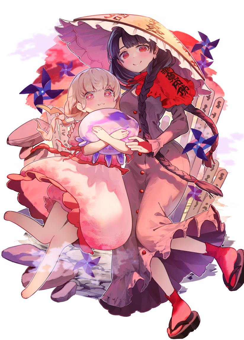 2girls arm_up bangs barefoot black_footwear black_hair blonde_hair blush braid breasts buttons capelet closed_mouth clouds cloudy_sky dress ebisu_eika flying frills gradient gradient_sky grey_dress hair_ornament hand_on_another's_shoulder hands_up hat hug jellyfish jellyfish_shaped_pupils leg_up long_hair long_sleeves looking_at_viewer medium_breasts multiple_girls pink_eyes pink_sky purple_sky red_capelet red_eyes red_ribbon red_socks ribbon rock sandals short_hair sky smile socks sunset symbol-shaped_pupils syuri22 touhou twin_braids white_background white_dress yatadera_narumi yellow_sky