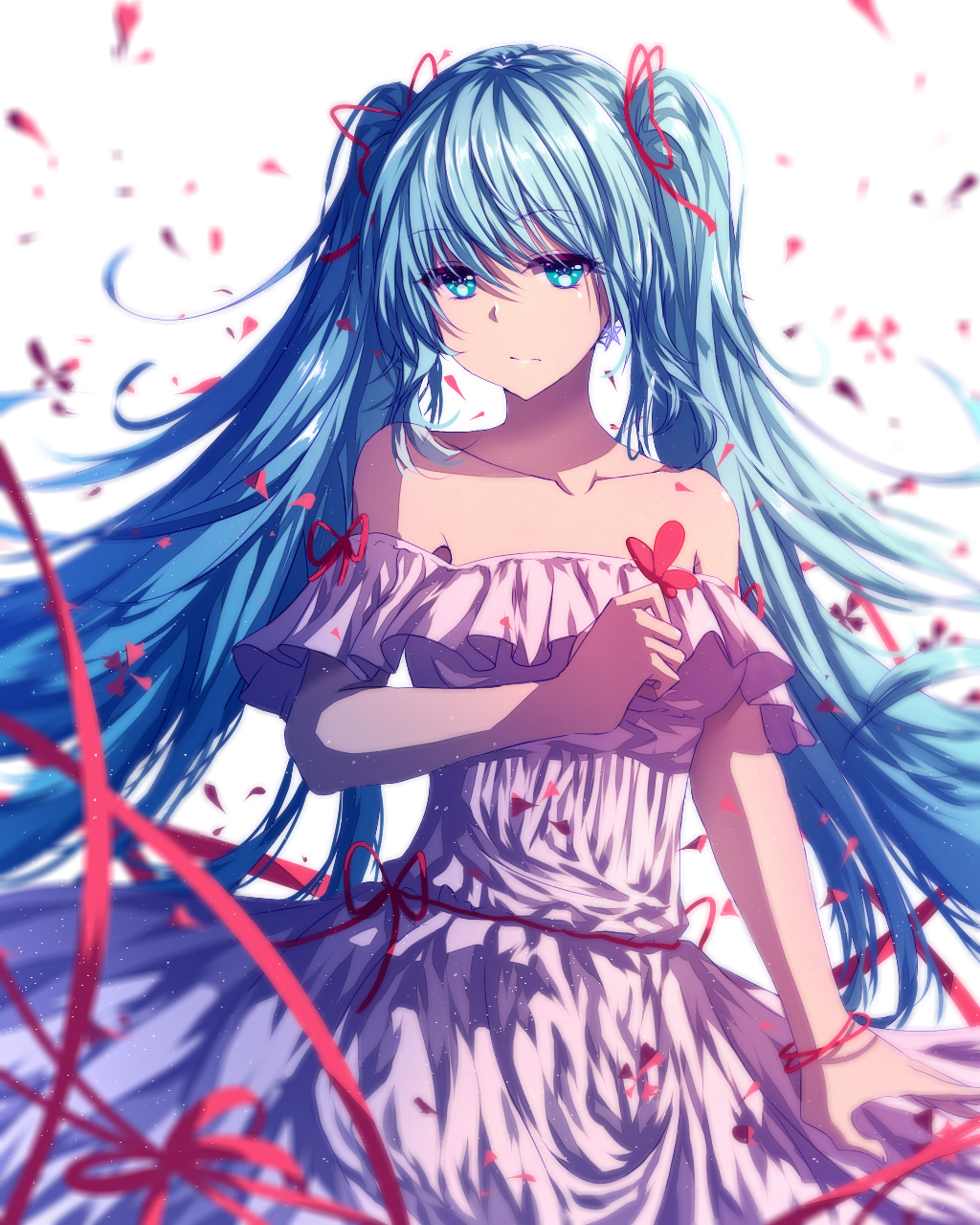 1girl blue_eyes blue_hair blurry blurry_foreground breasts collarbone commentary_request depth_of_field dress floating_hair hair_between_eyes hair_ribbon hatsune_miku highres isumi_(yangyan) long_hair medium_breasts pink_dress red_ribbon ribbon shiny shiny_skin simple_background solo standing strapless strapless_dress twintails very_long_hair vocaloid white_background white_dress wrist_ribbon