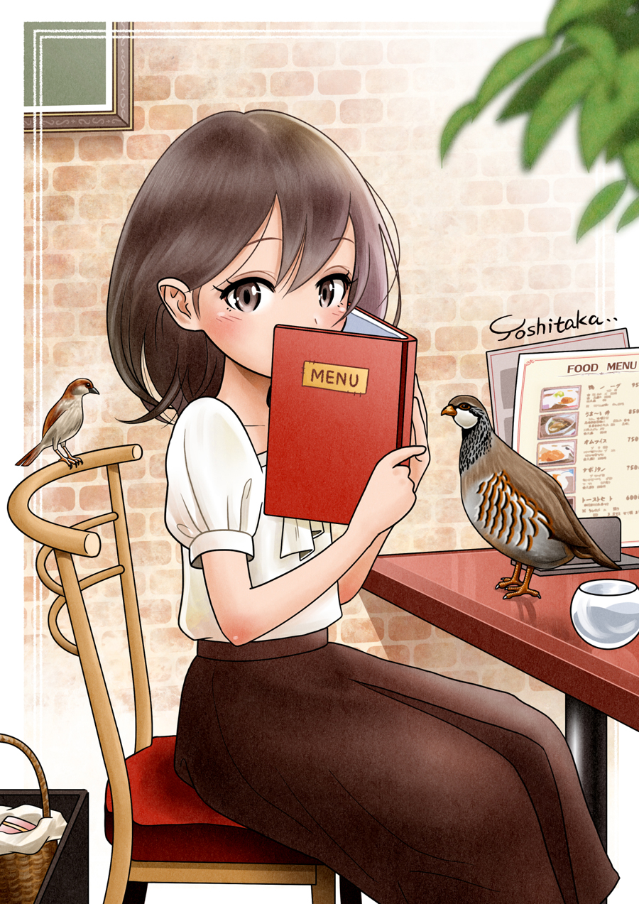 1girl artist_name bangs basket bird blush book brick_wall brown_eyes brown_hair brown_skirt chair commentary_request covering_mouth cup enomoto_yoshitaka glass hair_behind_ear hands_up highres holding holding_menu long_skirt looking_at_viewer medium_hair menu original plant puffy_short_sleeves puffy_sleeves shirt short_sleeves signature sitting skirt solo table teacup white_shirt