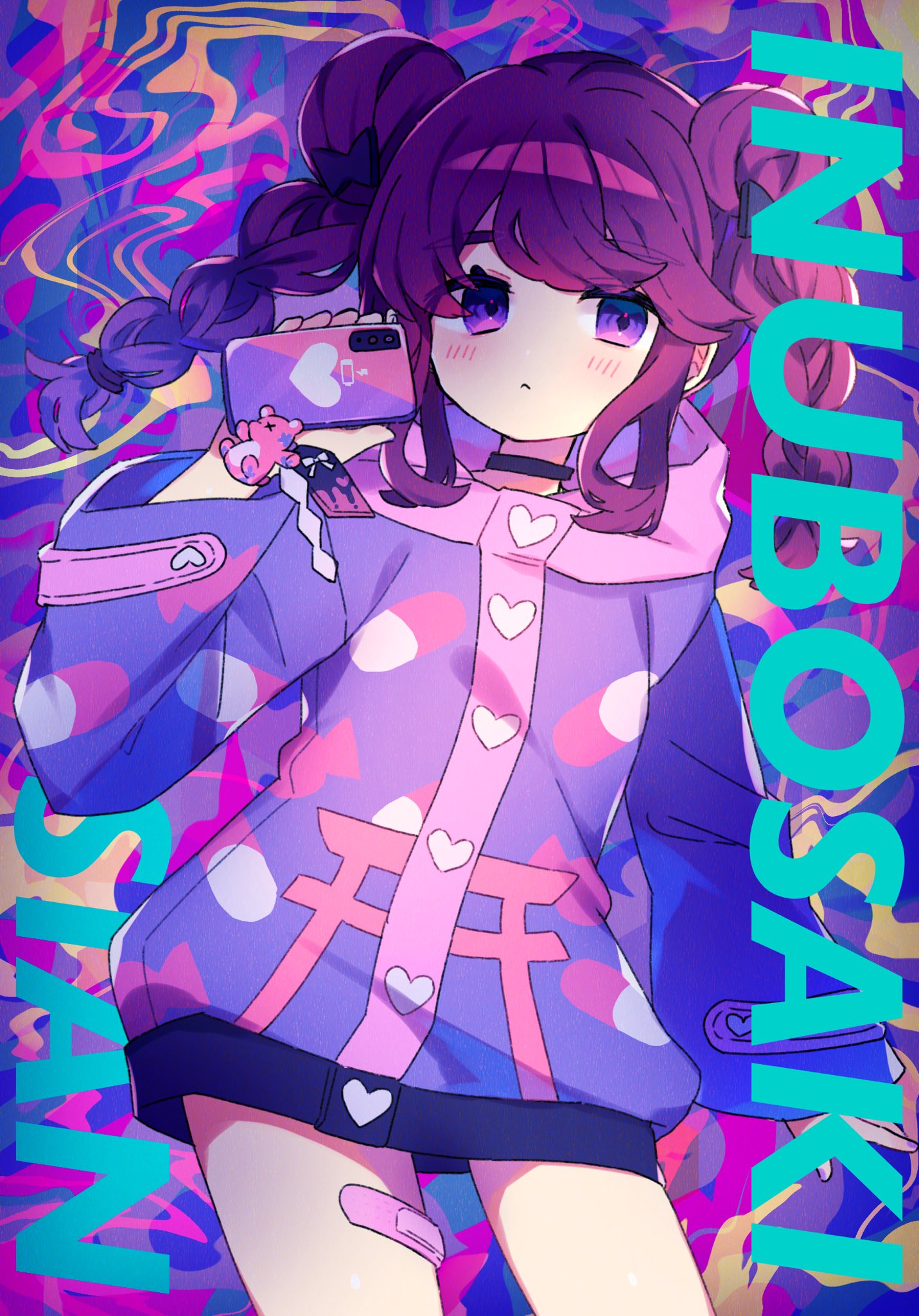 1girl bandaid bangs bow braid buttons candy cellphone choker closed_mouth denonbu double_bun food hair_bow hair_bun hair_ornament highres holding hood hoodie inubousaki_shian kntm long_hair long_sleeves phone pill purple_eyes purple_hair purple_hoodie smartphone solo torii twin_braids violet_eyes