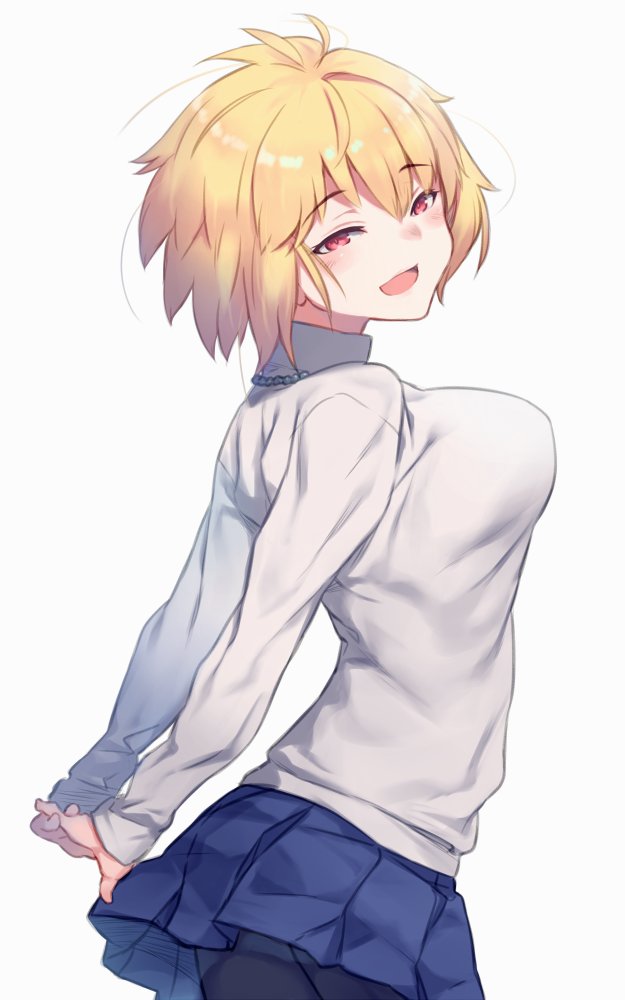 1girl :d antenna_hair arcueid_brunestud arms_behind_back auru_t blonde_hair blue_skirt breasts gradient gradient_background large_breasts long_sleeves looking_at_viewer miniskirt open_mouth pantyhose red_eyes shirt short_hair simple_background skirt smile solo tsukihime tsukihime_(remake) white_background white_shirt