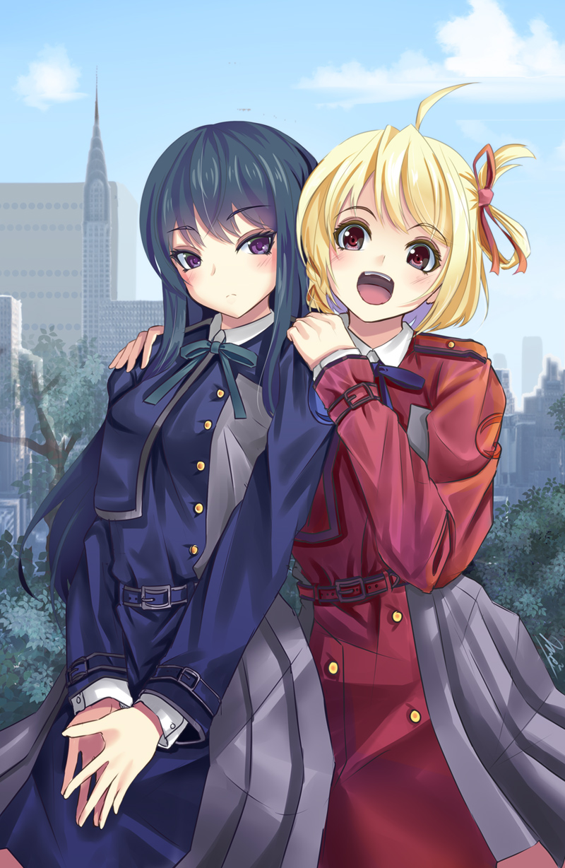 2girls :d bangs black_hair blonde_hair blue_dress blue_sky bow building clouds commentary_request day dress green_bow grey_dress hair_ribbon hands_on_another's_shoulders highres inoue_takina long_hair long_sleeves looking_at_viewer lycoris_recoil lycoris_uniform multiple_girls nishikigi_chisato open_mouth outdoors pleated_dress purple_eyes red_dress red_eyes red_ribbon ribbon sky smile steepled_fingers tower two-tone_dress very_long_hair violet_eyes yumibakama_meme