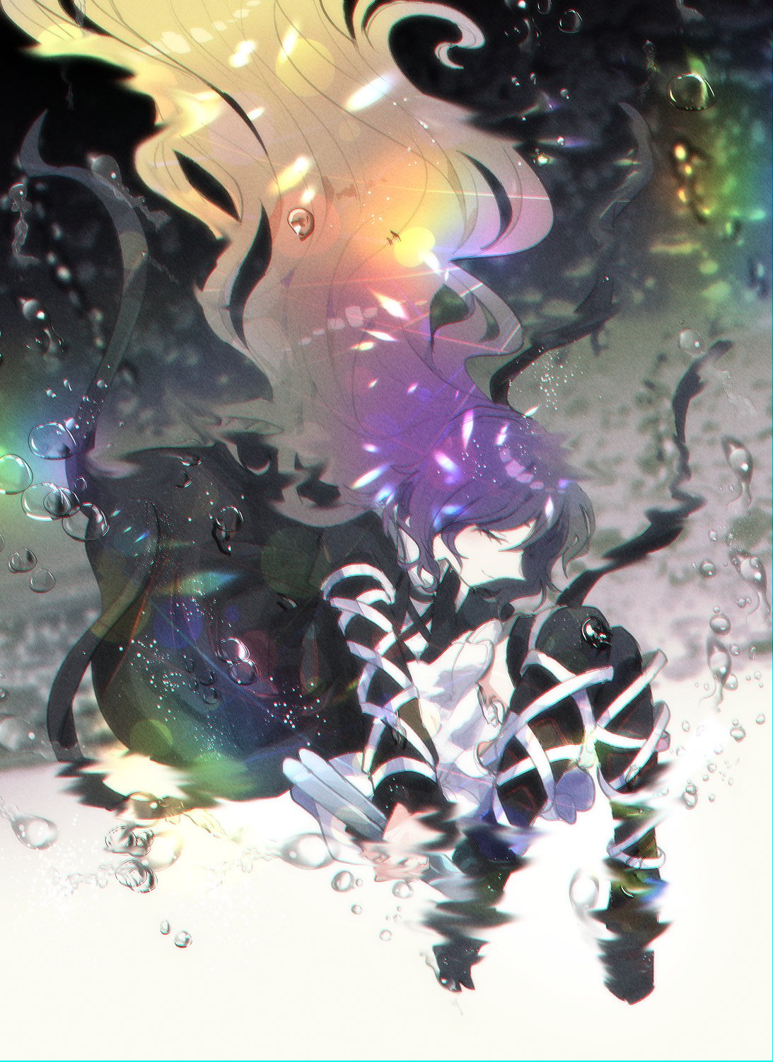 1girl air_bubble blonde_hair bubble closed_eyes closed_mouth commentary_request cross-laced_clothes dress gradient_hair highres hijiri_byakuren holding holding_scroll itomugi-kun layered_dress long_hair multicolored_hair purple_hair rainbow scroll smile solo sorcerer's_sutra_scroll submerged touhou two-tone_hair underwater white_dress