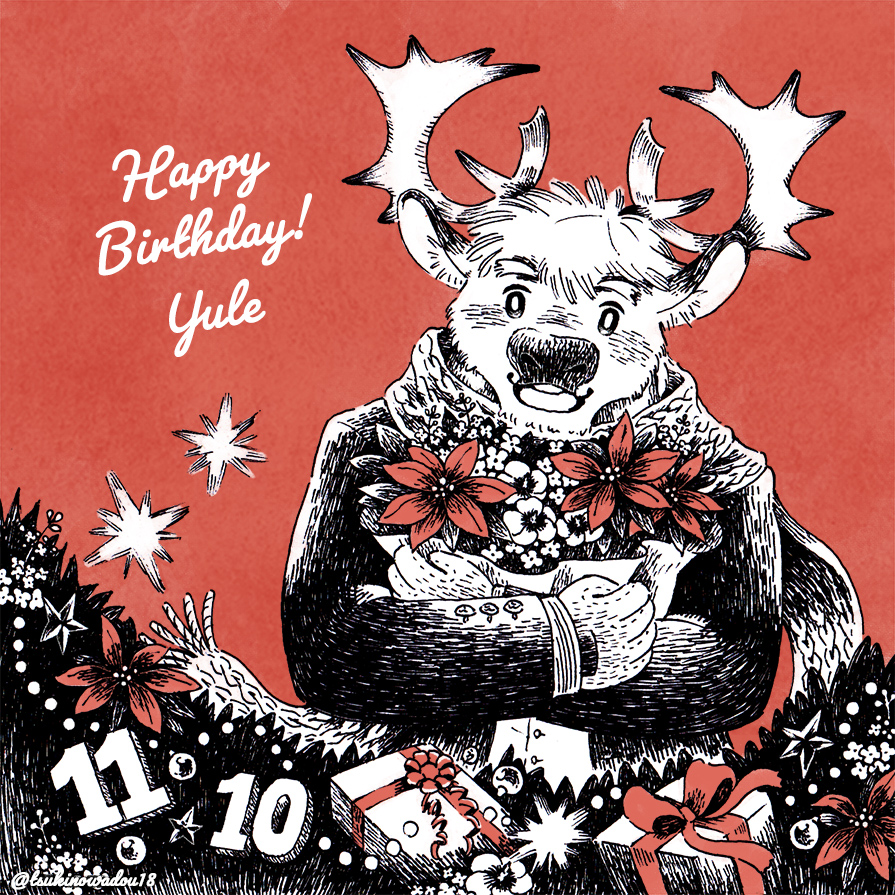 1boy animal_ears antlers blush bouquet character_name christmas_ornaments commentary_request dated deer_ears english_text flower furry furry_male gift gloves happy_birthday holding holding_bouquet long_sleeves male_focus monochrome open_mouth red_background red_flower red_ribbon red_theme reindeer_antlers reindeer_boy ribbon scarf short_hair smile solo sparkle thick_eyebrows tokyo_afterschool_summoners tsukinowadou twitter_username upper_body yule_(housamo)