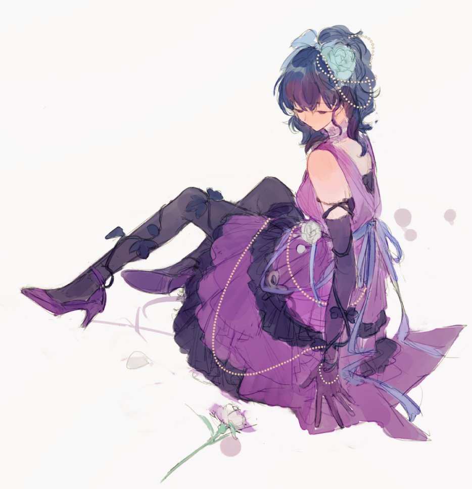 1girl aqua_rose asahina_mafuyu back_bow backless_dress backless_outfit black_pantyhose blue_bow blue_hair blue_ribbon bow closed_mouth dark_blue_hair dress elbow_gloves flower from_side gem genzaw gloves gradient gradient_background grey_background hair_bow hair_flower hair_ornament hair_ribbon high_heels high_ponytail layered_dress long_hair looking_away looking_down on_ground pantyhose pearl_(gemstone) project_sekai purple_dress purple_footwear purple_gloves purple_hair purple_ribbon purple_theme ribbon simple_background sitting sleeveless sleeveless_dress solo wavy_hair wide_ponytail