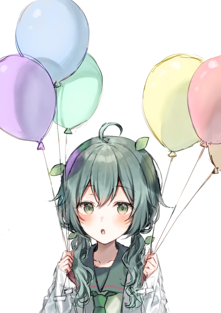 1girl :o ahoge balloon bangs blush collarbone commentary green_eyes green_hair green_sailor_collar green_shirt hair_between_eyes hair_over_shoulder holding holding_balloon labcoat leaf leaf_on_head long_hair long_sleeves looking_at_viewer low_twintails midorikawa_you open_clothes original parted_lips sailor_collar shirt simple_background sleeves_past_wrists solo symbol-only_commentary twintails umbrella white_background