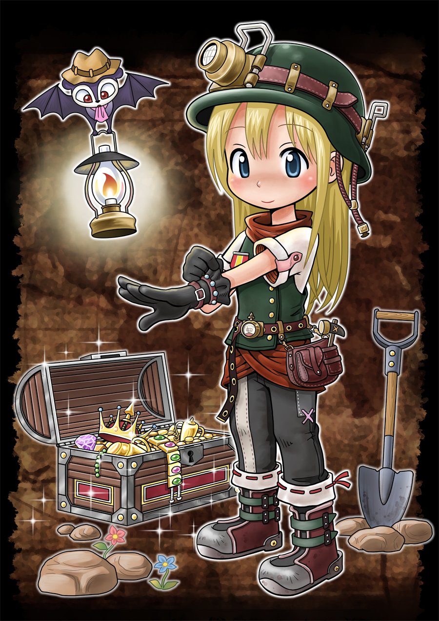 1boy 1girl adjusting_clothes adjusting_gloves bat_(animal) belt black_gloves blonde_hair blue_eyes boots crown enomoto_yoshitaka flashlight flower full_body gem gloves hat helmet highres jewelry lantern long_hair mallet original pouch rock shovel smile solo sparkle treasure_chest trophy