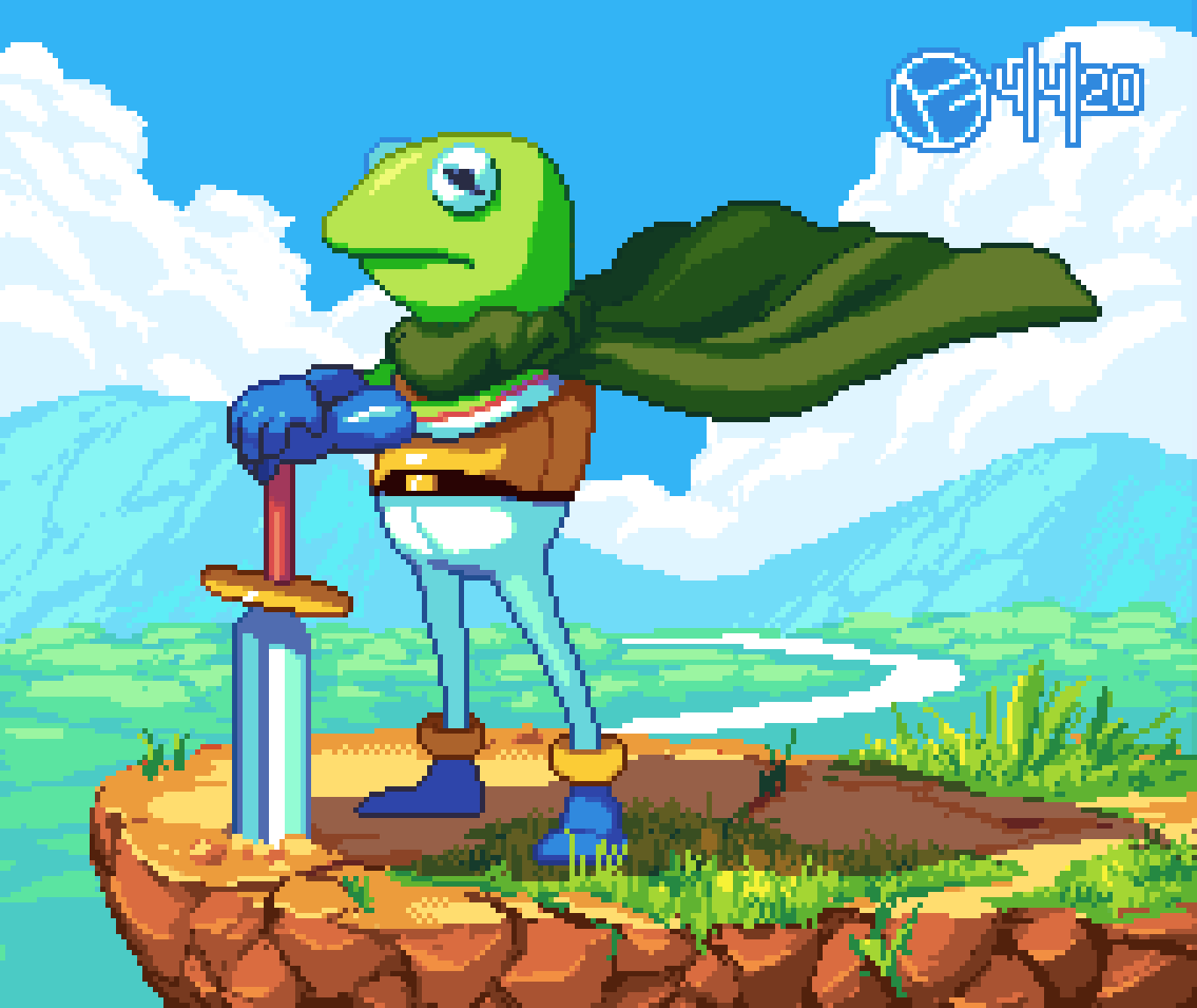 1boy blue_gloves blue_pants blue_sky cape chrono_trigger cliff closed_mouth clouds colored_skin dated day english_commentary forest full_body gloves grass green_cape green_skin kermit_the_frog male_focus mountain muppets nature outdoors pants pip_(artofpip) pixel_art river sky solo standing sword weapon