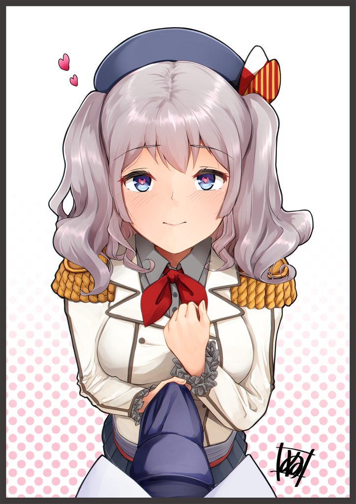 1boy 1girl admiral_(kancolle) bangs beret black_border blue_eyes blue_necktie border breasts clenched_hand closed_mouth collared_shirt epaulettes grey_hair grey_shirt hat heart heart-shaped_pupils jacket kantai_collection kashima_(kancolle) kashima_(kantai_collection) large_breasts long_hair looking_up military military_jacket military_uniform neckerchief necktie necktie_grab neckwear_grab pov red_neckerchief revision shirt signature silver_hair simple_background skirt solo solo_focus symbol-shaped_pupils tadokoro_nurikabe twintails uniform white_jacket