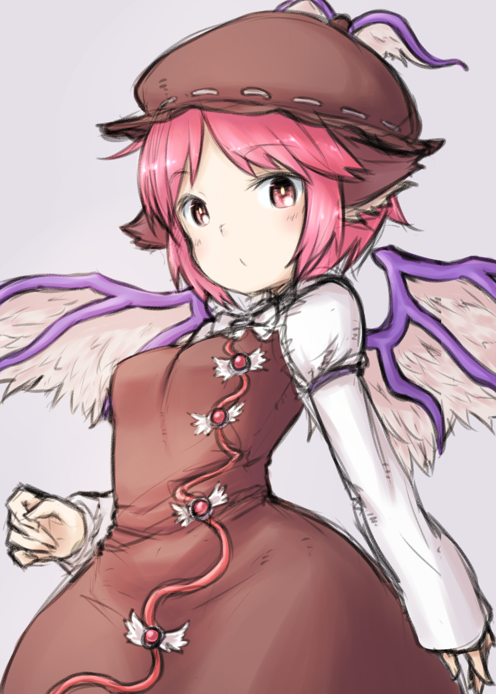 1girl animal_ears bird_ears bird_wings blush brown_dress brown_headwear dress gradient gradient_background grey_background hat highres long_sleeves looking_at_viewer motorii mystia_lorelei pink_eyes pink_hair short_hair simple_background sketch solo touhou upper_body white_wings winged_hat wings