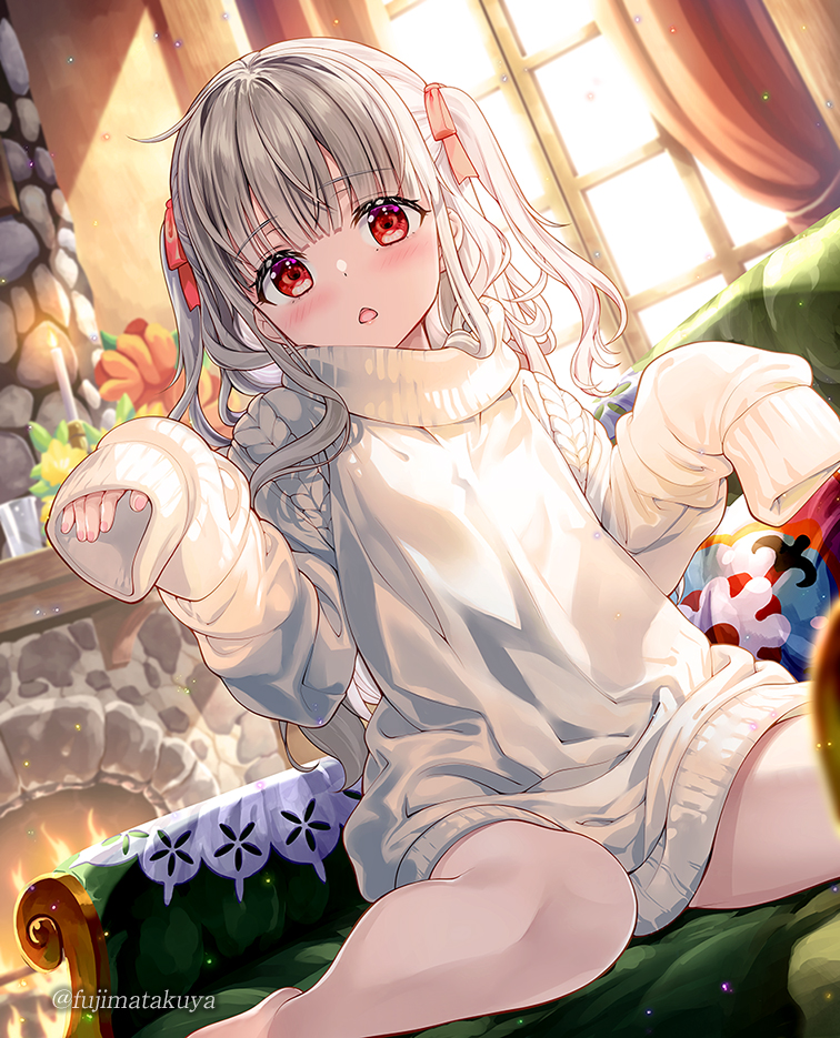 1girl bare_legs barefoot blush commentary couch curtains fireplace fujima_takuya long_hair long_sleeves looking_at_viewer no_pants on_couch original oversized_clothes red_eyes sitting sleeves_past_fingers sleeves_past_wrists solo sweater two_side_up wariza white_hair white_sweater window