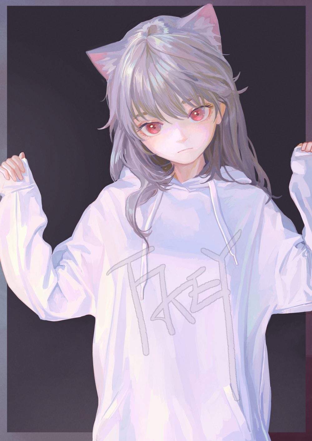 1girl animal_ear_fluff animal_ears artist_name bangs cat_ears closed_mouth clothes_writing drawstring extra_ears fkey grey_hair hands_up highres hood hoodie long_hair long_sleeves looking_at_viewer original red_eyes simple_background sleeves_past_wrists solo white_hoodie