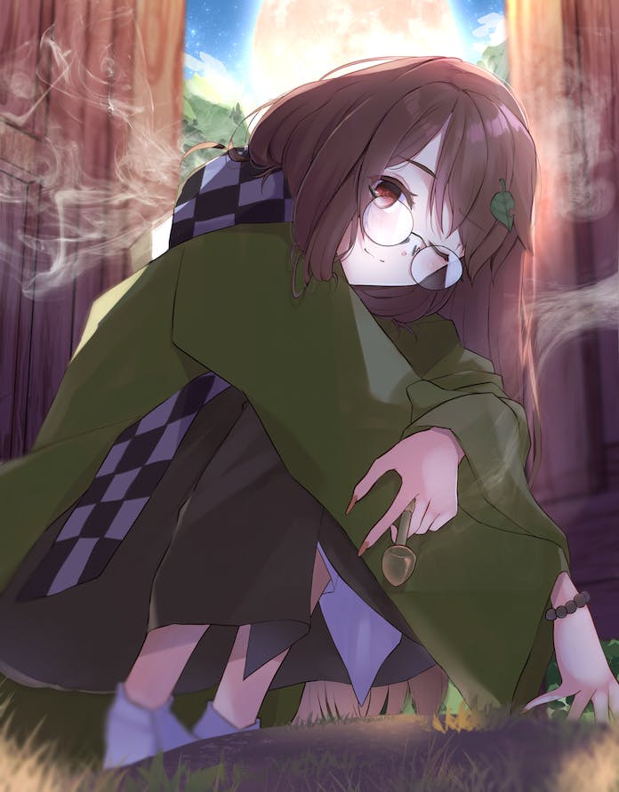 1girl aoko_(myut7287) bangs blue_sky brown_eyes brown_hair checkered checkered_clothes checkered_scarf closed_mouth clouds cloudy_sky forest full_body futatsuiwa_mamizou futatsuiwa_mamizou_(human) glasses green_kimono hair_ornament holding holding_smoking_pipe japanese_clothes kimono kiseru leaf leaf_on_head long_hair looking_at_viewer moon nature one_eye_closed outdoors scarf sky smile smoke smoking_pipe squatting sun tabi