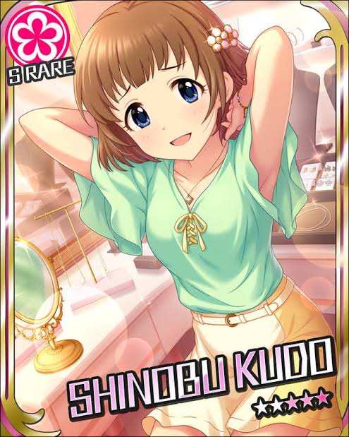 1girl brown_hair card_(medium) character_name flower flower_(symbol) hair_flower hair_ornament idolmaster idolmaster_cinderella_girls jewelry kudo_shinobu non-web_source solo tagme